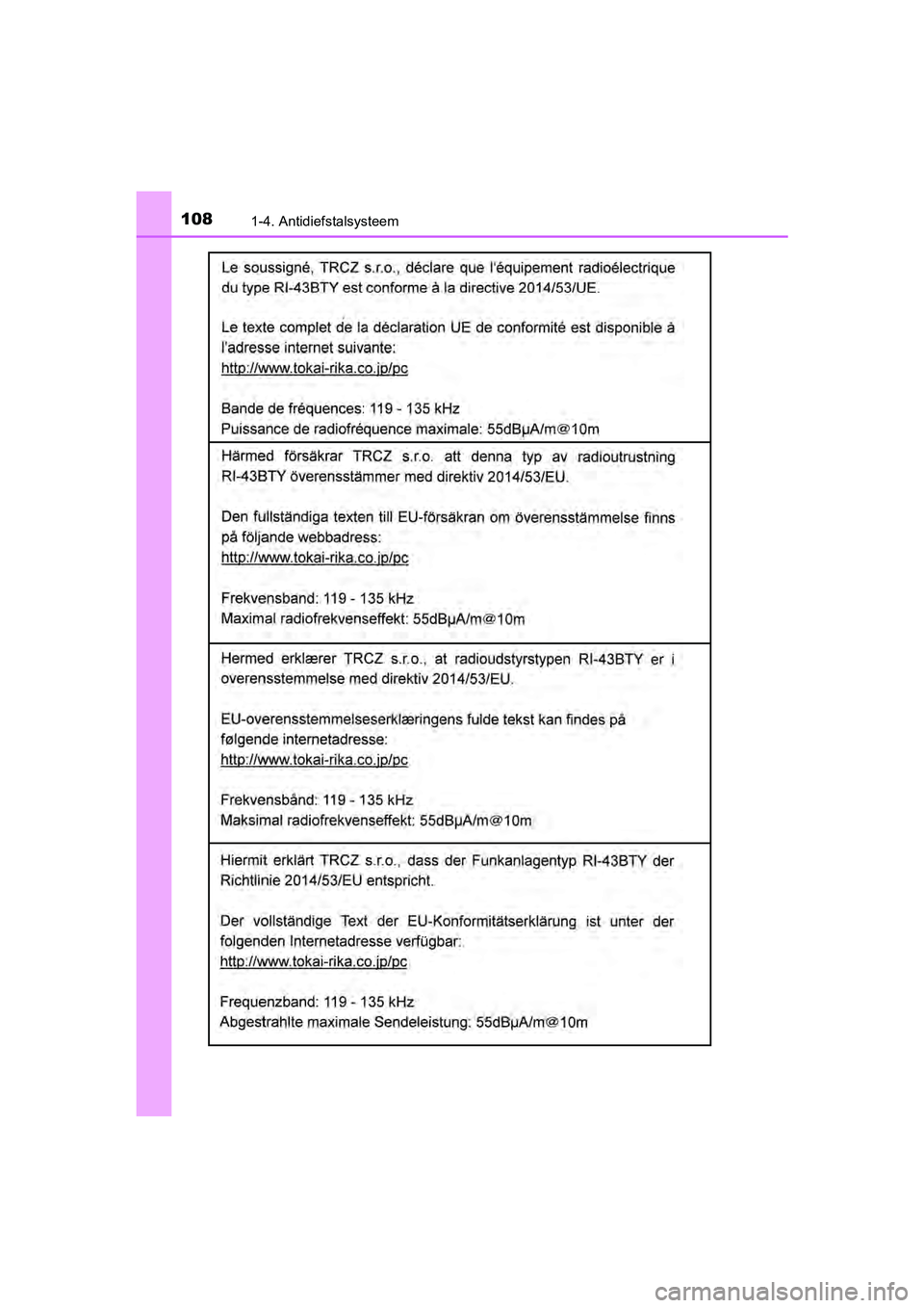 TOYOTA YARIS HATCHBACK 2018  Instructieboekje (in Dutch) 1081-4. Antidiefstalsysteem
YARIS_HV_OM_Europe_OM52C96E
YARIS_HV_OM_Europe_OM52C96E.book  Page 108  Wednesday, February 14, 2018  2:57 PM 