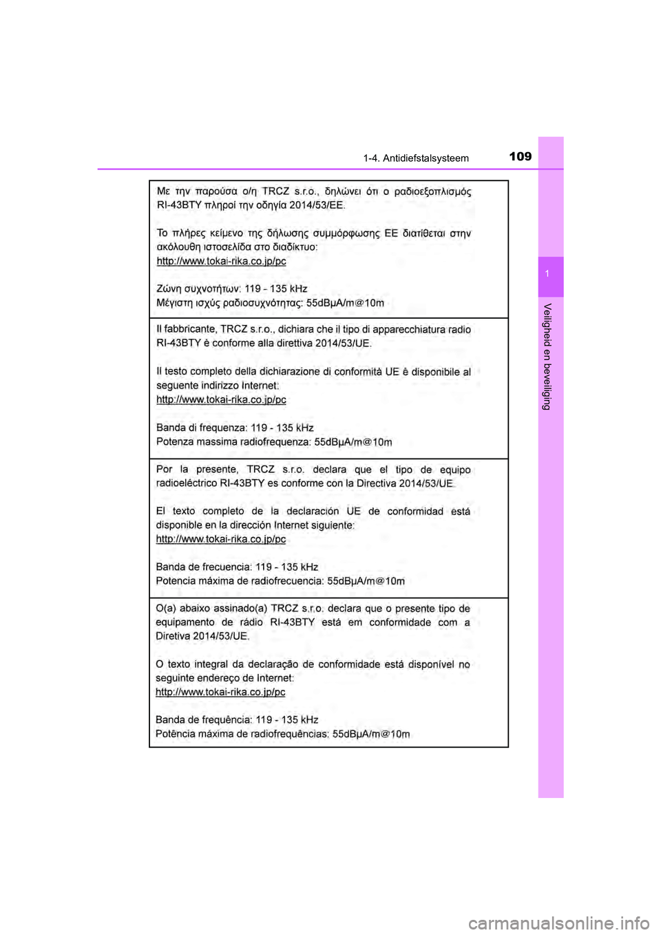 TOYOTA YARIS HATCHBACK 2018  Instructieboekje (in Dutch) 1091-4. Antidiefstalsysteem
1
Veiligheid en beveiliging
YARIS_HV_OM_Europe_OM52C96E
YARIS_HV_OM_Europe_OM52C96E.book  Page 109  Wednesday, February 14, 2018  2:57 PM 