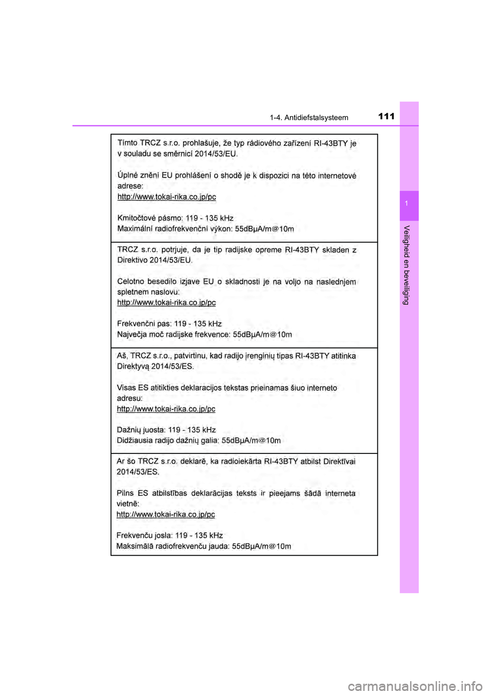 TOYOTA YARIS HATCHBACK 2018  Instructieboekje (in Dutch) 1111-4. Antidiefstalsysteem
1
Veiligheid en beveiliging
YARIS_HV_OM_Europe_OM52C96E
YARIS_HV_OM_Europe_OM52C96E.book  Page 111  Wednesday, February 14, 2018  2:57 PM 