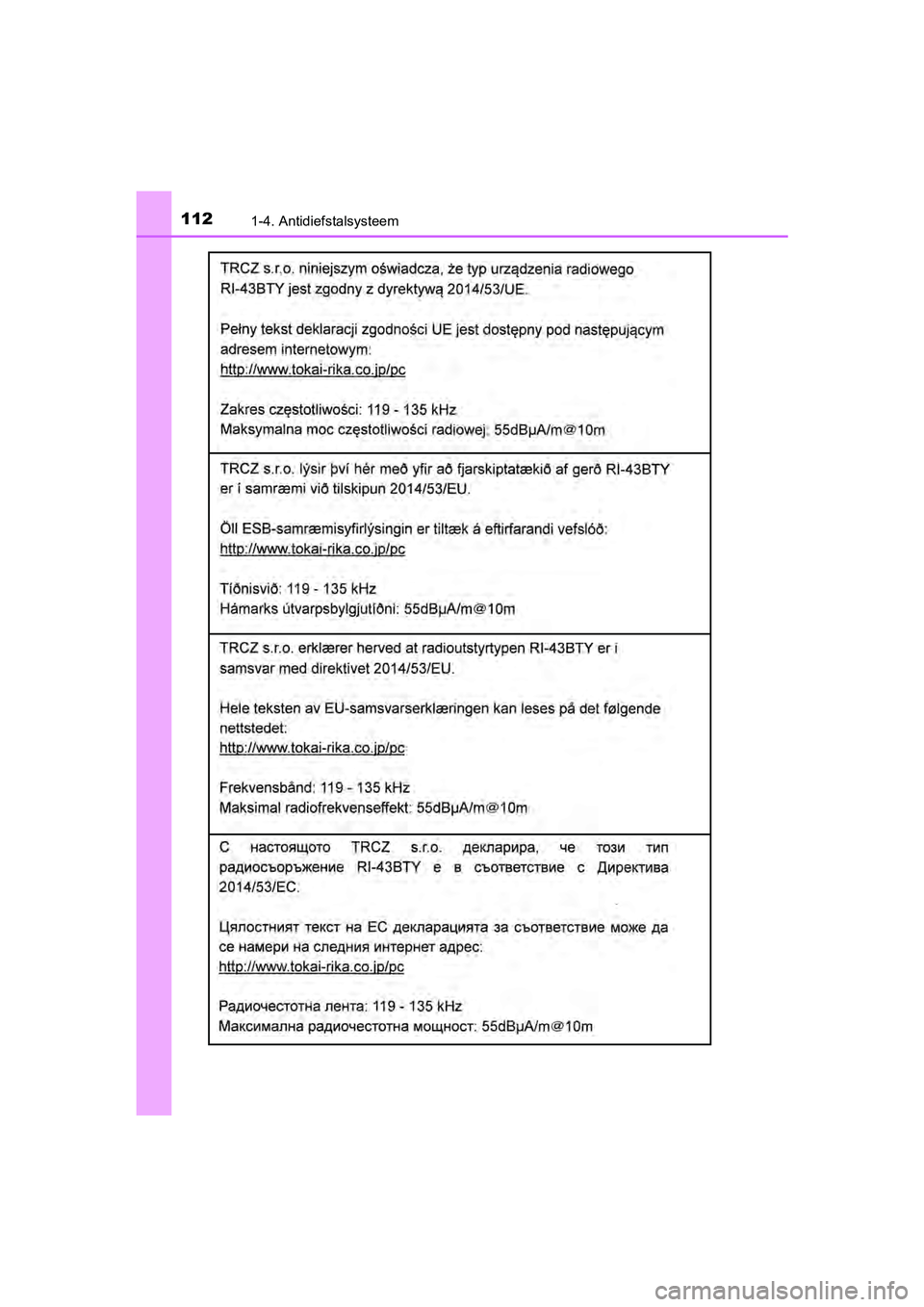 TOYOTA YARIS HATCHBACK 2018  Instructieboekje (in Dutch) 1121-4. Antidiefstalsysteem
YARIS_HV_OM_Europe_OM52C96E
YARIS_HV_OM_Europe_OM52C96E.book  Page 112  Wednesday, February 14, 2018  2:57 PM 