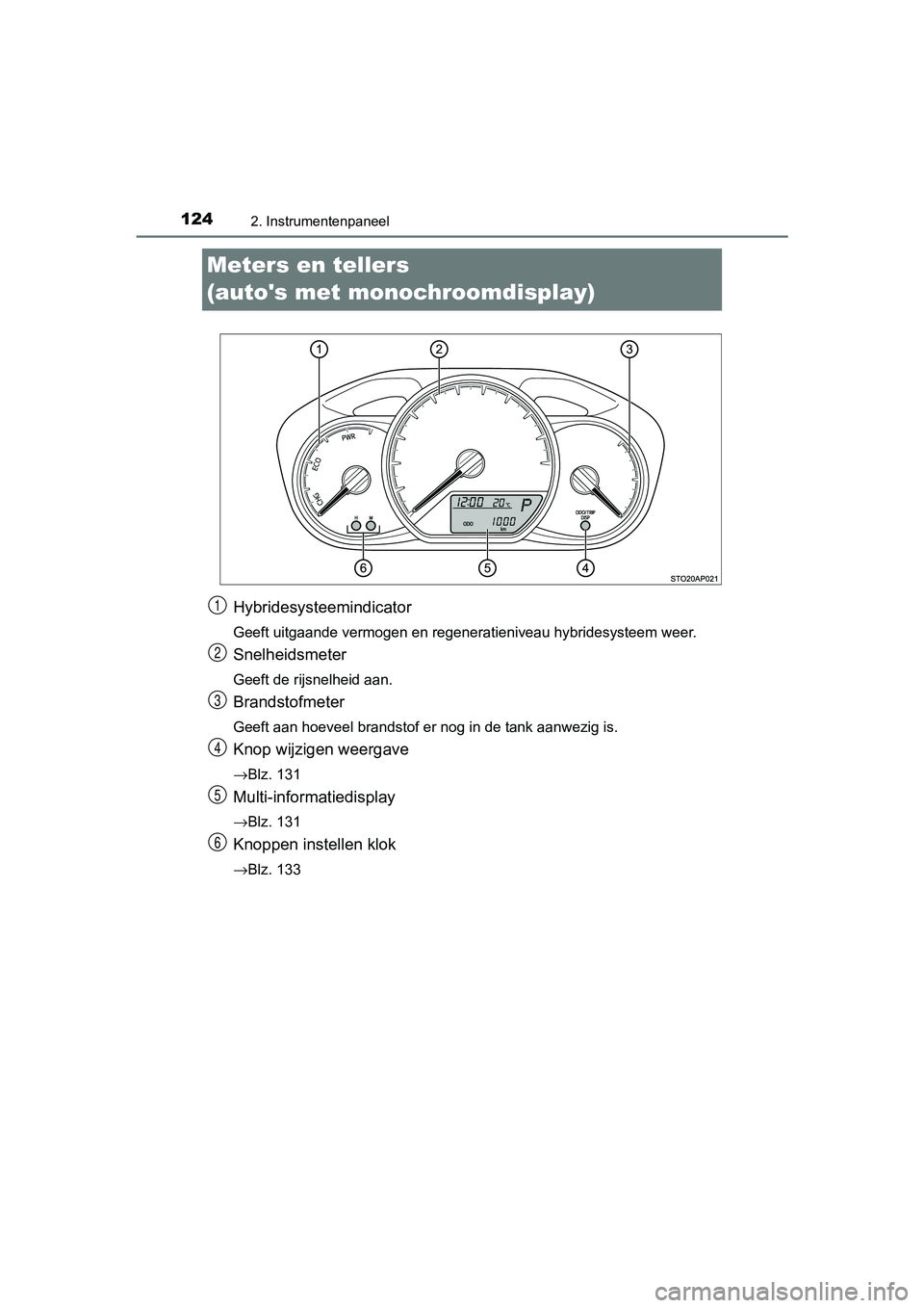 TOYOTA YARIS HATCHBACK 2018  Instructieboekje (in Dutch) 1242. Instrumentenpaneel
YARIS_HV_OM_Europe_OM52C96E
Meters en tellers 
(autos met monochroomdisplay)
Hybridesysteemindicator
Geeft uitgaande vermogen en regeneratieniveau hybridesysteem weer.
Snelhe