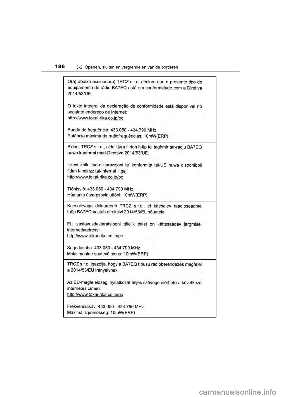 TOYOTA YARIS HATCHBACK 2018  Instructieboekje (in Dutch) 1863-2. Openen, sluiten en vergrendelen van de portieren
YARIS_HV_OM_Europe_OM52C96E
YARIS_HV_OM_Europe_OM52C96E.book  Page 186  Wednesday, February 14, 2018  2:57 PM 