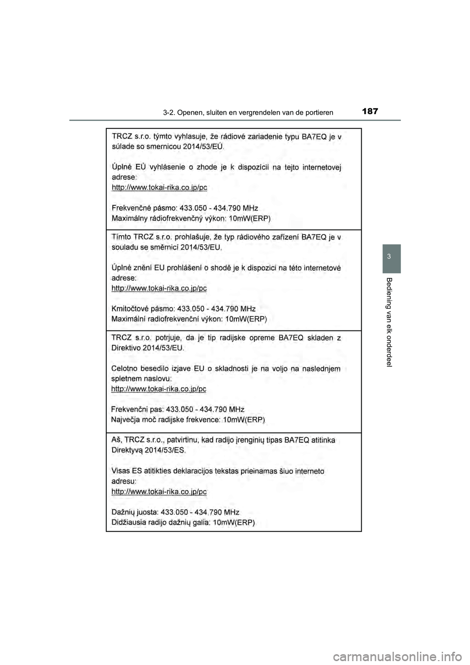 TOYOTA YARIS HATCHBACK 2018  Instructieboekje (in Dutch) 1873-2. Openen, sluiten en vergrendelen van de portieren
3
Bediening van elk onderdeel
YARIS_HV_OM_Europe_OM52C96E
YARIS_HV_OM_Europe_OM52C96E.boo k  Page 187  Wednesday, February 14, 2018  2:57 PM 