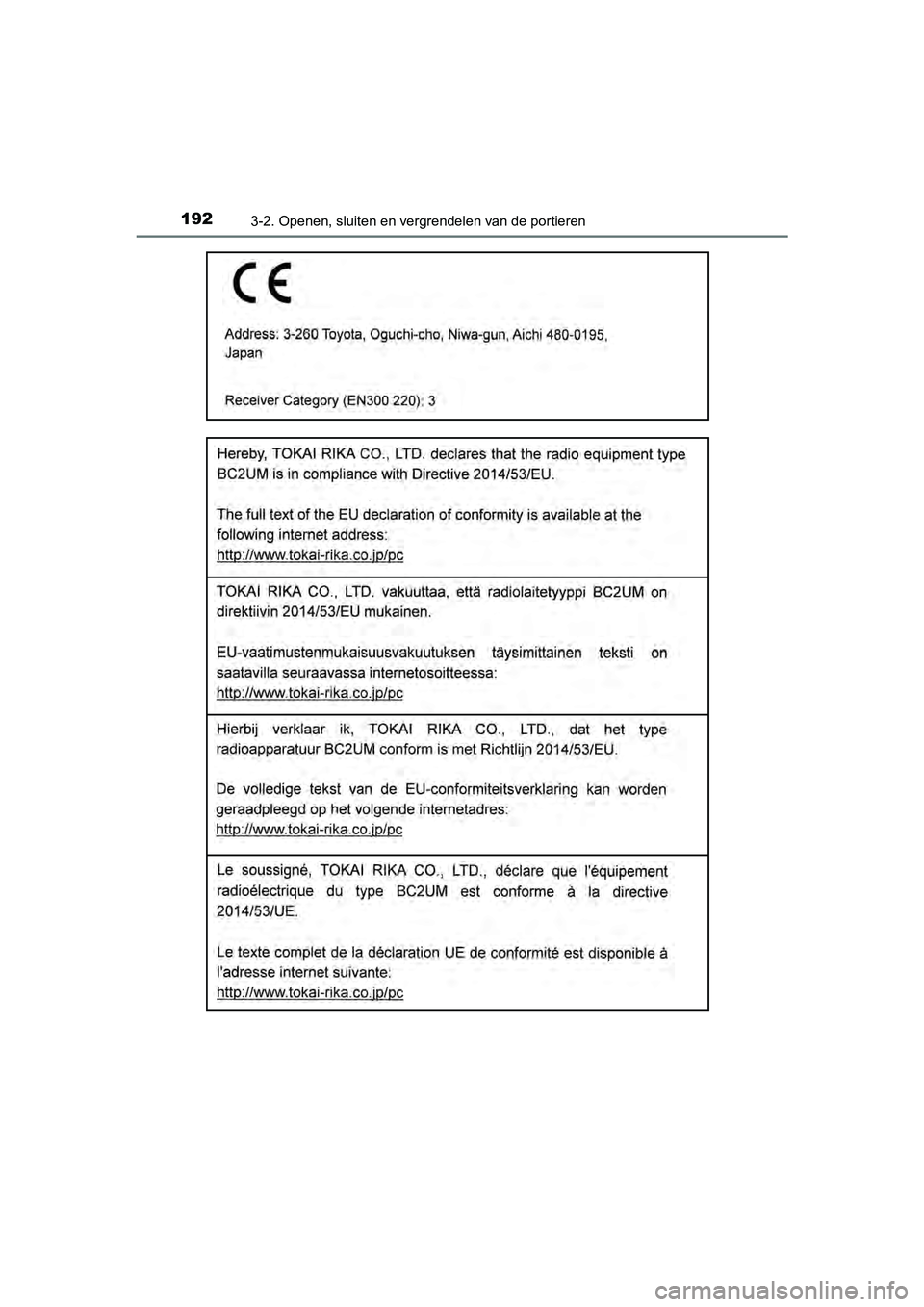 TOYOTA YARIS HATCHBACK 2018  Instructieboekje (in Dutch) 1923-2. Openen, sluiten en vergrendelen van de portieren
YARIS_HV_OM_Europe_OM52C96E
YARIS_HV_OM_Europe_OM52C96E.book  Page 192  Wednesday, February 14, 2018  2:57 PM 