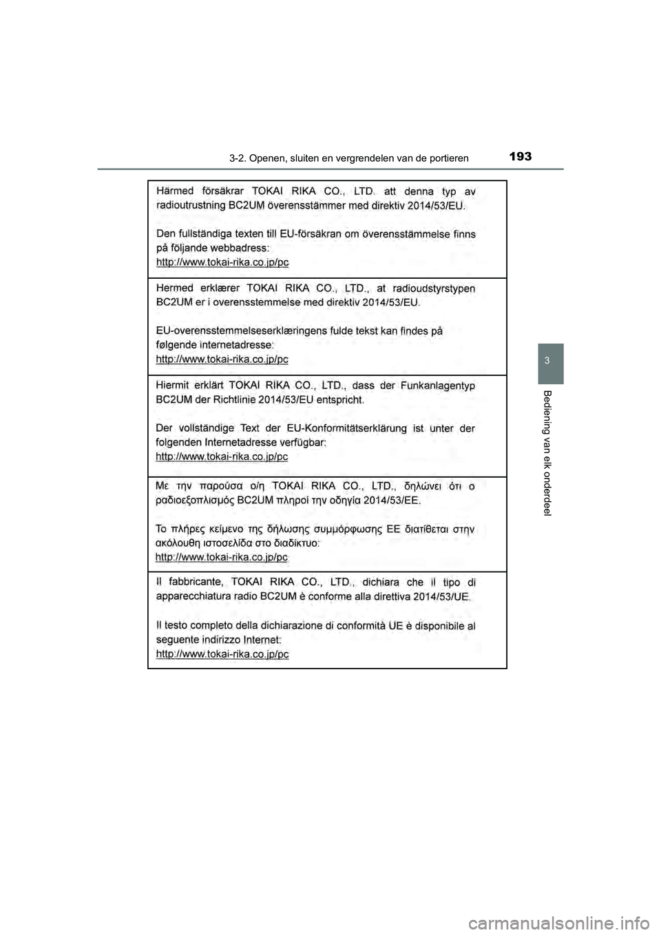 TOYOTA YARIS HATCHBACK 2018  Instructieboekje (in Dutch) 1933-2. Openen, sluiten en vergrendelen van de portieren
3
Bediening van elk onderdeel
YARIS_HV_OM_Europe_OM52C96E
YARIS_HV_OM_Europe_OM52C96E.boo k  Page 193  Wednesday, February 14, 2018  2:57 PM 
