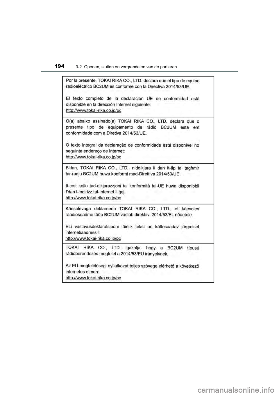 TOYOTA YARIS HATCHBACK 2018  Instructieboekje (in Dutch) 1943-2. Openen, sluiten en vergrendelen van de portieren
YARIS_HV_OM_Europe_OM52C96E
YARIS_HV_OM_Europe_OM52C96E.book  Page 194  Wednesday, February 14, 2018  2:57 PM 