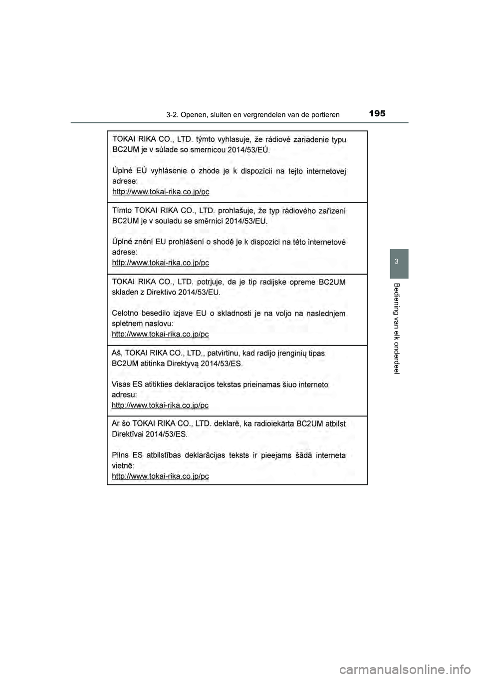 TOYOTA YARIS HATCHBACK 2018  Instructieboekje (in Dutch) 1953-2. Openen, sluiten en vergrendelen van de portieren
3
Bediening van elk onderdeel
YARIS_HV_OM_Europe_OM52C96E
YARIS_HV_OM_Europe_OM52C96E.boo k  Page 195  Wednesday, February 14, 2018  2:57 PM 
