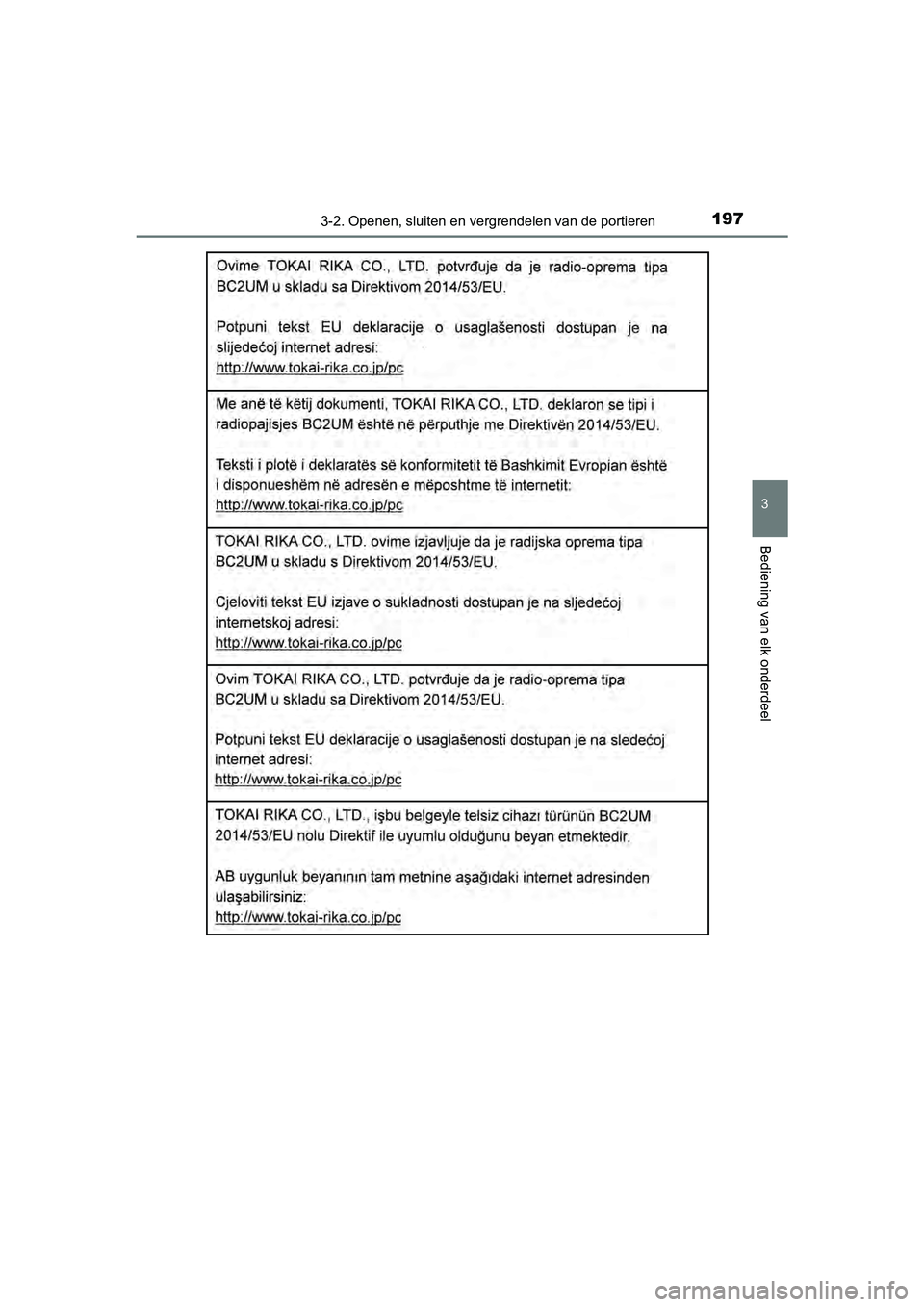 TOYOTA YARIS HATCHBACK 2018  Instructieboekje (in Dutch) 1973-2. Openen, sluiten en vergrendelen van de portieren
3
Bediening van elk onderdeel
YARIS_HV_OM_Europe_OM52C96E
YARIS_HV_OM_Europe_OM52C96E.boo k  Page 197  Wednesday, February 14, 2018  2:57 PM 