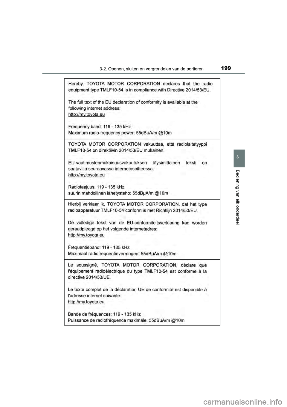 TOYOTA YARIS HATCHBACK 2018  Instructieboekje (in Dutch) 1993-2. Openen, sluiten en vergrendelen van de portieren
3
Bediening van elk onderdeel
YARIS_HV_OM_Europe_OM52C96E
YARIS_HV_OM_Europe_OM52C96E.boo k  Page 199  Wednesday, February 14, 2018  2:57 PM 