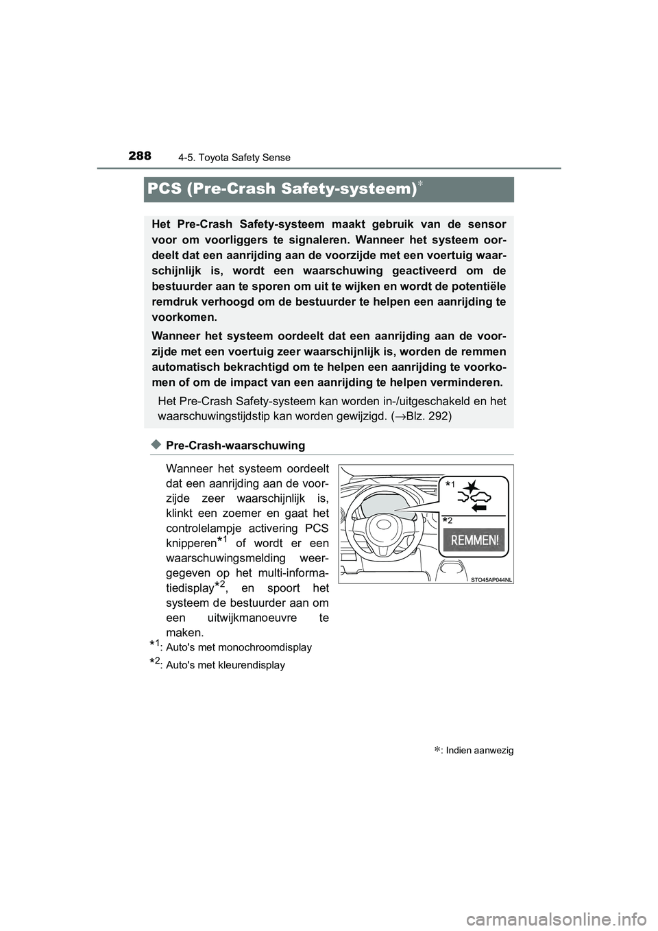 TOYOTA YARIS HATCHBACK 2018 Instructieboekje (in Dutch) 2884-5. Toyota Safety Sense
YARIS_HV_OM_Europe_OM52C96E
PCS (Pre-Crash Safety-systeem)∗
◆Pre-Crash-waarschuwing
Wanneer het systeem oordeelt
dat een aanrijding aan de voor-
zijde zeer waarsch TOYOTA YARIS HATCHBACK 2018 Instructieboekje (in Dutch) 2884-5. Toyota Safety Sense
YARIS_HV_OM_Europe_OM52C96E
PCS (Pre-Crash Safety-systeem)∗
◆Pre-Crash-waarschuwing
Wanneer het systeem oordeelt
dat een aanrijding aan de voor-
zijde zeer waarsch