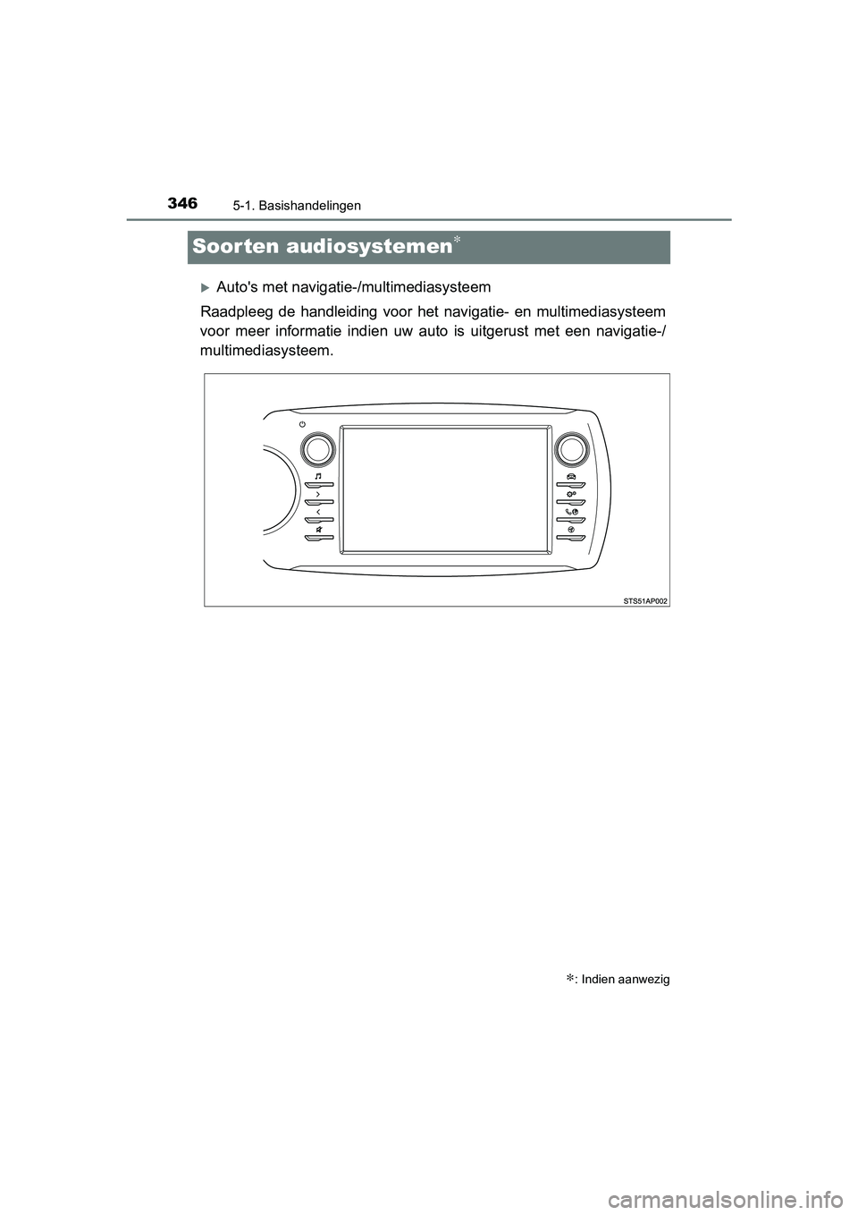 TOYOTA YARIS HATCHBACK 2018  Instructieboekje (in Dutch) 3465-1. Basishandelingen
YARIS_HV_OM_Europe_OM52C96E
Soorten audiosystemen∗
Auto's met navigatie-/multimediasysteem
Raadpleeg  de  handleiding  voor  het  navigatie-  en  multimediasysteem
vo