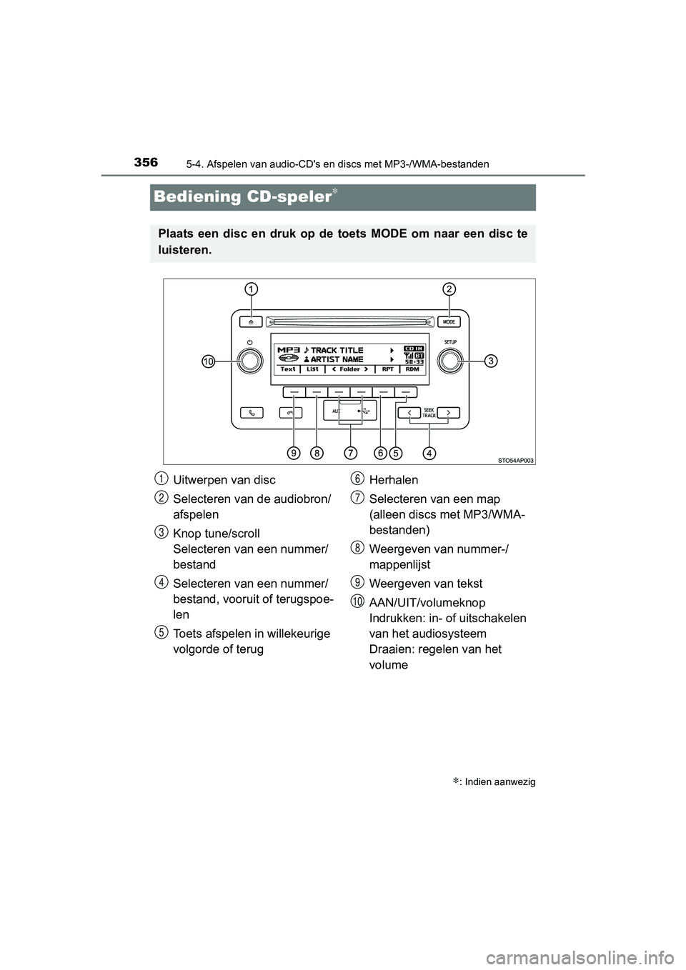 TOYOTA YARIS HATCHBACK 2018  Instructieboekje (in Dutch) 3565-4. Afspelen van audio-CD's en discs met MP3-/WMA-bestanden
YARIS_HV_OM_Europe_OM52C96E
Bediening CD-speler∗
∗: Indien aanwezig
Plaats  een  disc  en  druk  op  de  toets  MODE  om  naar  