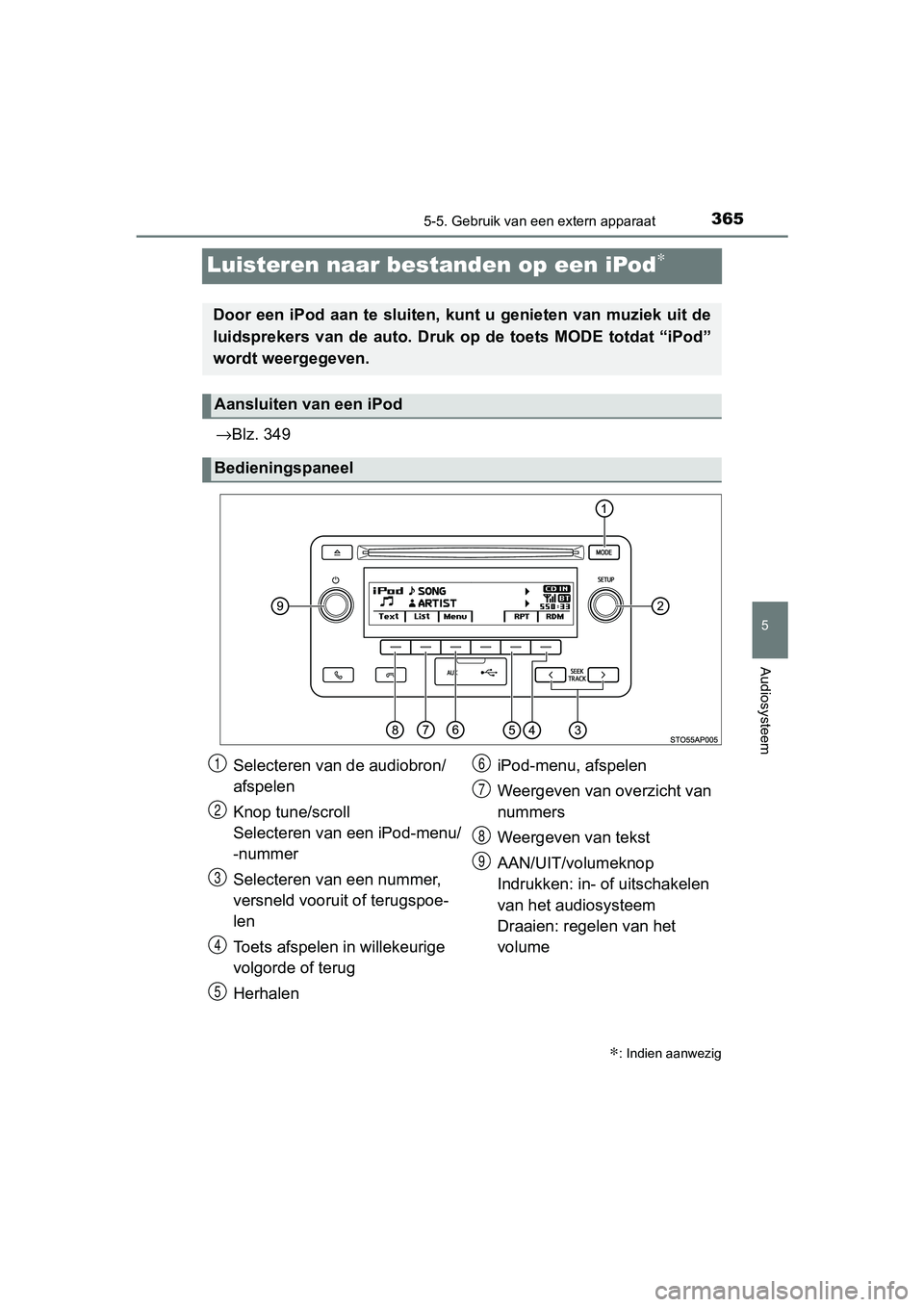 TOYOTA YARIS HATCHBACK 2018  Instructieboekje (in Dutch) 365
5
5-5. Gebruik van een extern apparaat
Audiosysteem
YARIS_HV_OM_Europe_OM52C96E
Luisteren naar bestanden op een iPod∗
→Blz. 349
∗: Indien aanwezig
Door een iPod aan te sluiten, kunt u geniet