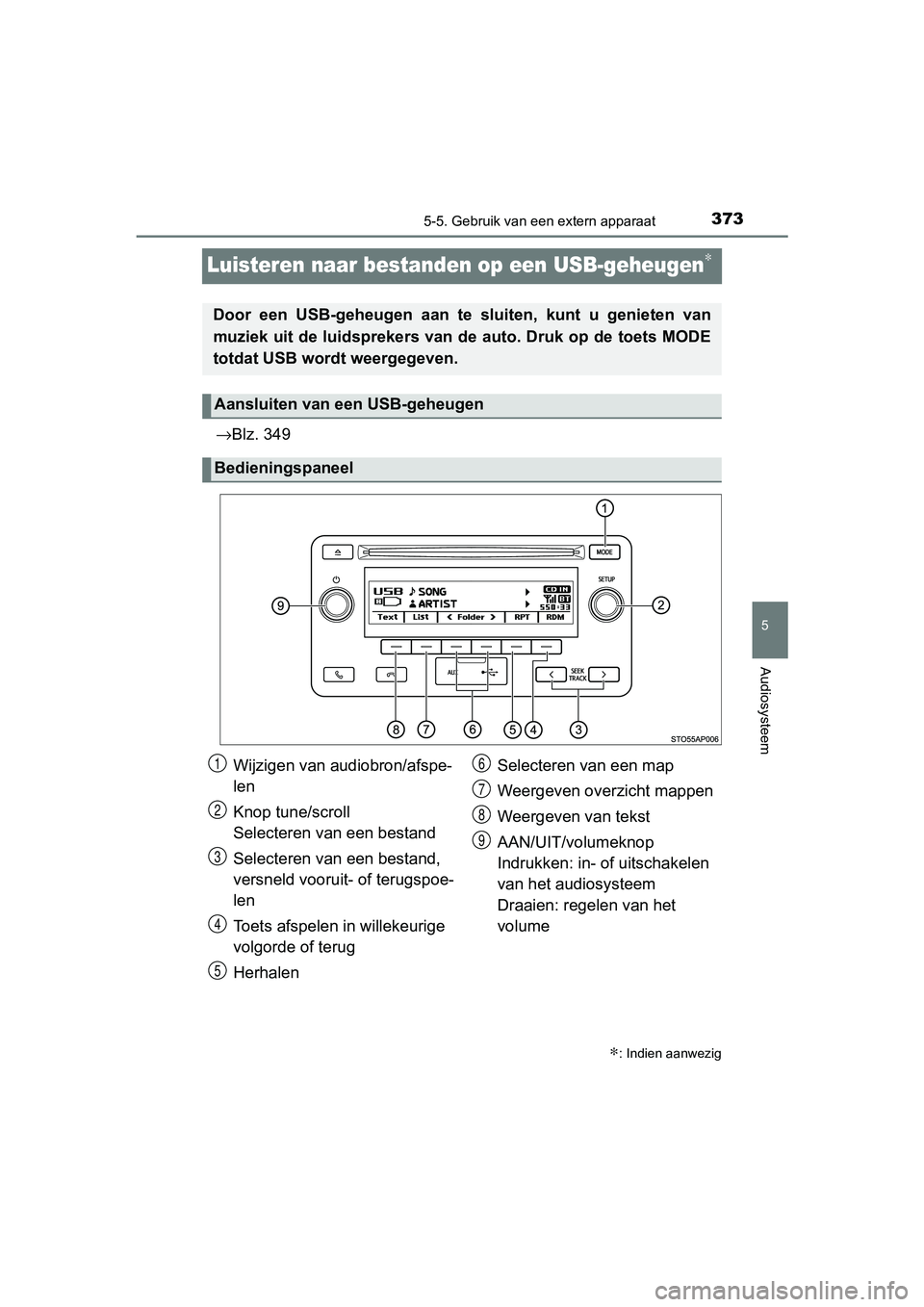 TOYOTA YARIS HATCHBACK 2018  Instructieboekje (in Dutch) 373
5
5-5. Gebruik van een extern apparaat
Audiosysteem
YARIS_HV_OM_Europe_OM52C96E
Luisteren naar bestanden op een USB-geheugen∗
→Blz. 349
∗: Indien aanwezig
Door  een  USB-geheugen  aan  te  s