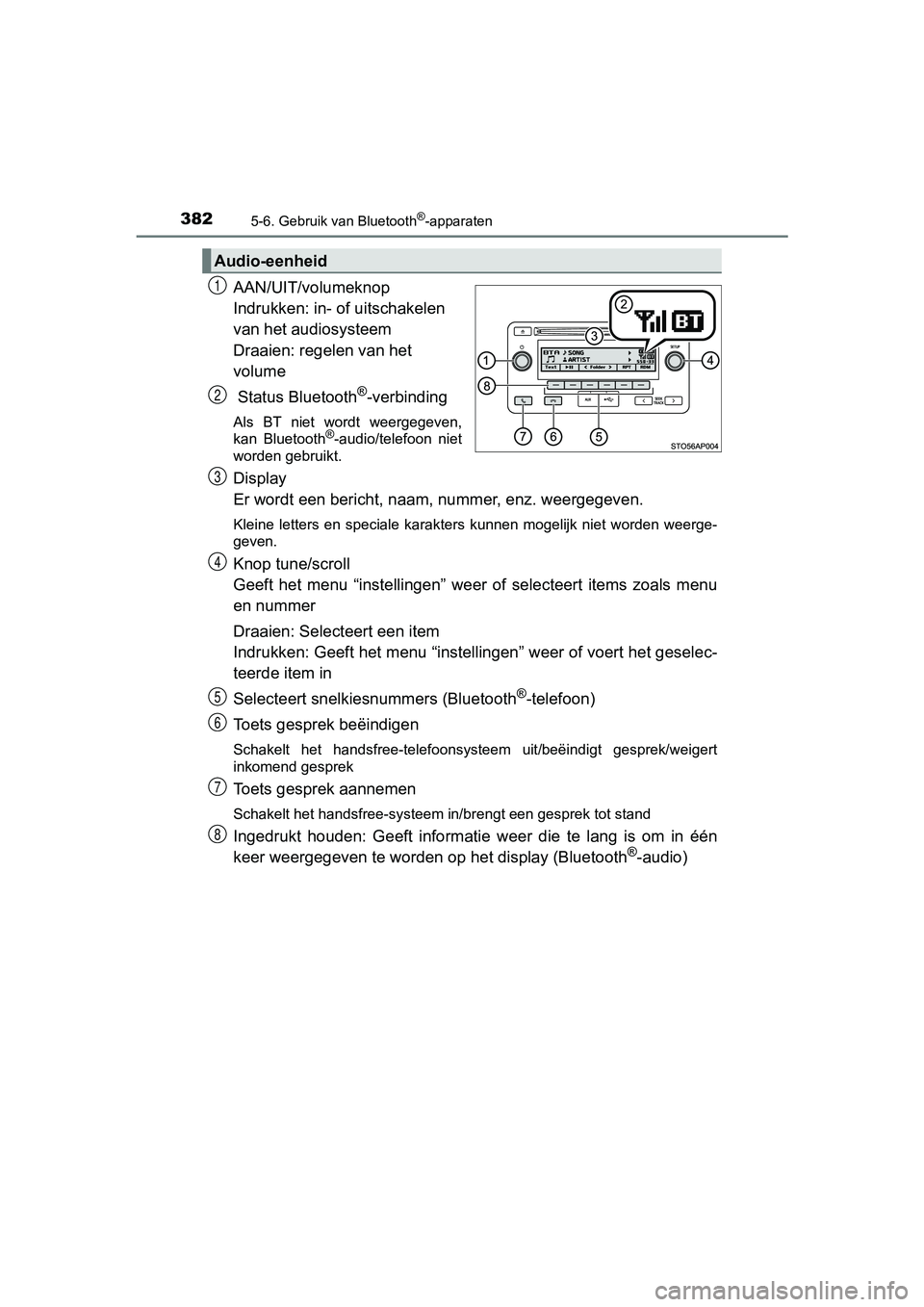 TOYOTA YARIS HATCHBACK 2018 Instructieboekje (in Dutch) 3825-6. Gebruik van Bluetooth®-apparaten
YARIS_HV_OM_Europe_OM52C96E
AAN/UIT/volumeknop
Indrukken: in- of uitschakelen
van het audiosysteem
Draaien: regelen van het
volume
Status Bluetooth
®-verb TOYOTA YARIS HATCHBACK 2018 Instructieboekje (in Dutch) 3825-6. Gebruik van Bluetooth®-apparaten
YARIS_HV_OM_Europe_OM52C96E
AAN/UIT/volumeknop
Indrukken: in- of uitschakelen
van het audiosysteem
Draaien: regelen van het
volume
Status Bluetooth
®-verb