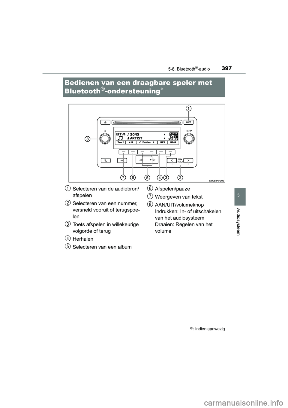 TOYOTA YARIS HATCHBACK 2018 Instructieboekje (in Dutch) 3975-8. Bluetooth®-audio
5
Audiosysteem
YARIS_HV_OM_Europe_OM52C96E
Bedienen van een draagbare speler met
Bluetooth
®-ondersteuning∗
∗: Indien aanwezig
Selecteren van de audiobron/
afspelen
Sel TOYOTA YARIS HATCHBACK 2018 Instructieboekje (in Dutch) 3975-8. Bluetooth®-audio
5
Audiosysteem
YARIS_HV_OM_Europe_OM52C96E
Bedienen van een draagbare speler met
Bluetooth
®-ondersteuning∗
∗: Indien aanwezig
Selecteren van de audiobron/
afspelen
Sel