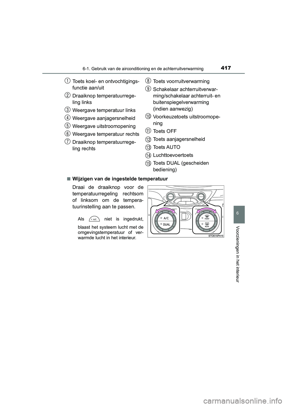 TOYOTA YARIS HATCHBACK 2018  Instructieboekje (in Dutch) 4176-1. Gebruik van de airconditioning en de achterruitverwarming
6
Voorzieningen in het interieur
YARIS_HV_OM_Europe_OM52C96E■
Wijzigen van de ingestelde temperatuur
Draai  de  draaiknop  voor  de
