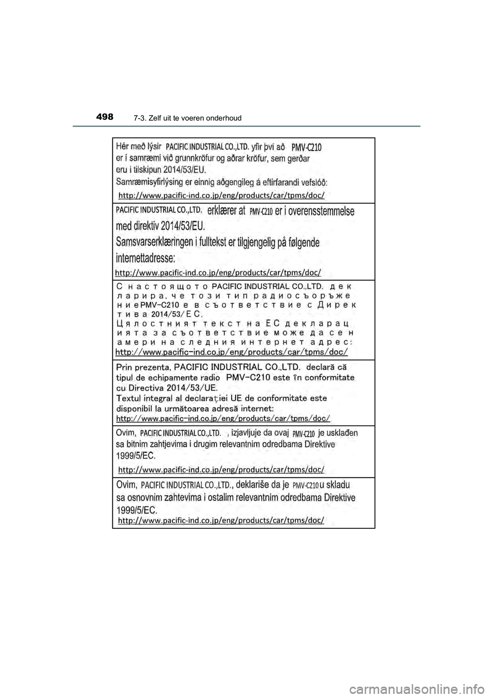 TOYOTA YARIS HATCHBACK 2018  Instructieboekje (in Dutch) 4987-3. Zelf uit te voeren onderhoud
YARIS_HV_OM_Europe_OM52C96E
YARIS_HV_OM_Europe_OM52C96E.book  Page 498  Wednesday, February 14, 2018  2:57 PM 