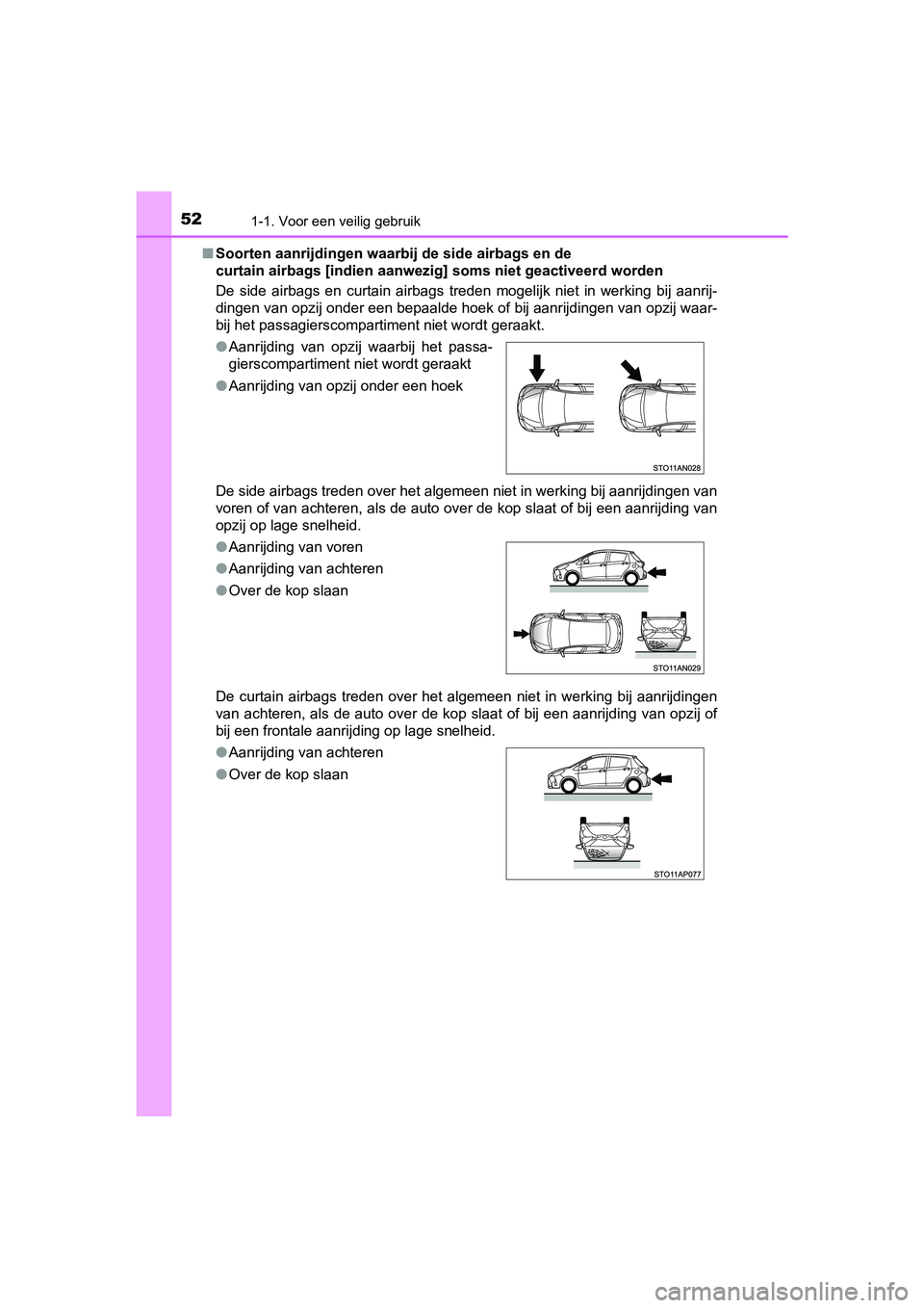 TOYOTA YARIS HATCHBACK 2018  Instructieboekje (in Dutch) 521-1. Voor een veilig gebruik
YARIS_HV_OM_Europe_OM52C96E■
Soorten aanrijdingen waarbi j de side airbags en de 
curtain airbags [indien aanwezi g] soms niet geactiveerd worden
De  side  airbags  en