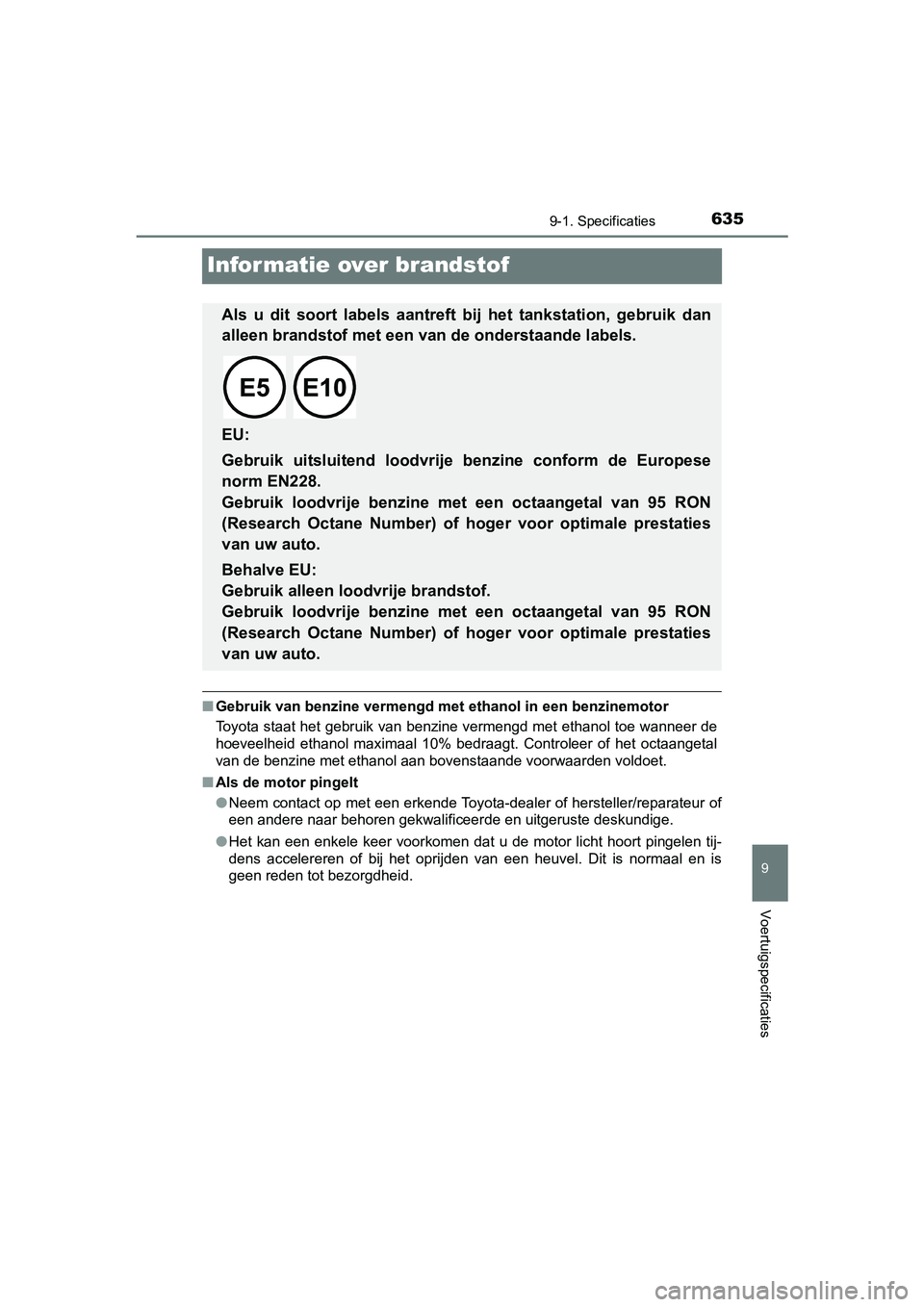 TOYOTA YARIS HATCHBACK 2018 Instructieboekje (in Dutch) 6359-1. Specificaties
9
Voertuigspecificaties
YARIS_HV_OM_Europe_OM52C96E
Informatie over brandstof
■Gebruik van benzine vermengd met ethanol in een benzinemotor
Toyota staat het gebruik van benzin TOYOTA YARIS HATCHBACK 2018 Instructieboekje (in Dutch) 6359-1. Specificaties
9
Voertuigspecificaties
YARIS_HV_OM_Europe_OM52C96E
Informatie over brandstof
■Gebruik van benzine vermengd met ethanol in een benzinemotor
Toyota staat het gebruik van benzin