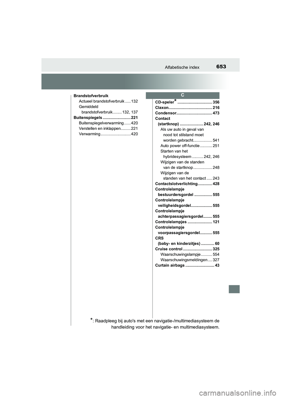 TOYOTA YARIS HATCHBACK 2018 Instructieboekje (in Dutch) 653Alfabetische index
YARIS_HV_OM_Europe_OM52C96E
BrandstofverbruikActueel brandstofverbruik ..... 132
Gemiddeld
brandstofverbruik ........ 132, 137
Buitenspiegels ......................... 221
Buite TOYOTA YARIS HATCHBACK 2018 Instructieboekje (in Dutch) 653Alfabetische index
YARIS_HV_OM_Europe_OM52C96E
BrandstofverbruikActueel brandstofverbruik ..... 132
Gemiddeld
brandstofverbruik ........ 132, 137
Buitenspiegels ......................... 221
Buite
