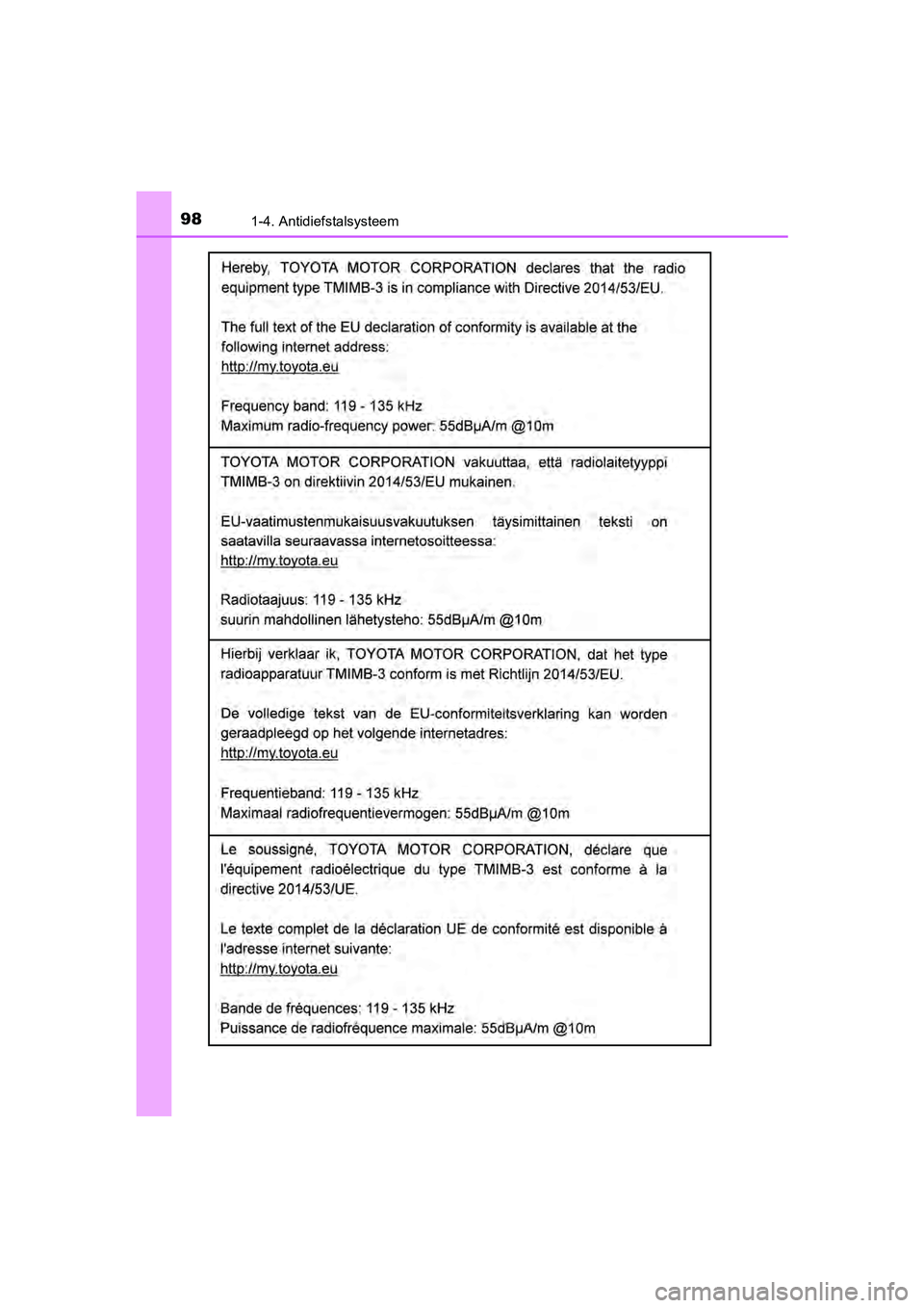 TOYOTA YARIS HATCHBACK 2018 Instructieboekje (in Dutch) 981-4. Antidiefstalsysteem
YARIS_HV_OM_Europe_OM52C96E
YARIS_HV_OM_Europe_OM52C96E.book Page 98 Wednesday, February 14, 2018 2:57 PM TOYOTA YARIS HATCHBACK 2018 Instructieboekje (in Dutch) 981-4. Antidiefstalsysteem
YARIS_HV_OM_Europe_OM52C96E
YARIS_HV_OM_Europe_OM52C96E.book Page 98 Wednesday, February 14, 2018 2:57 PM