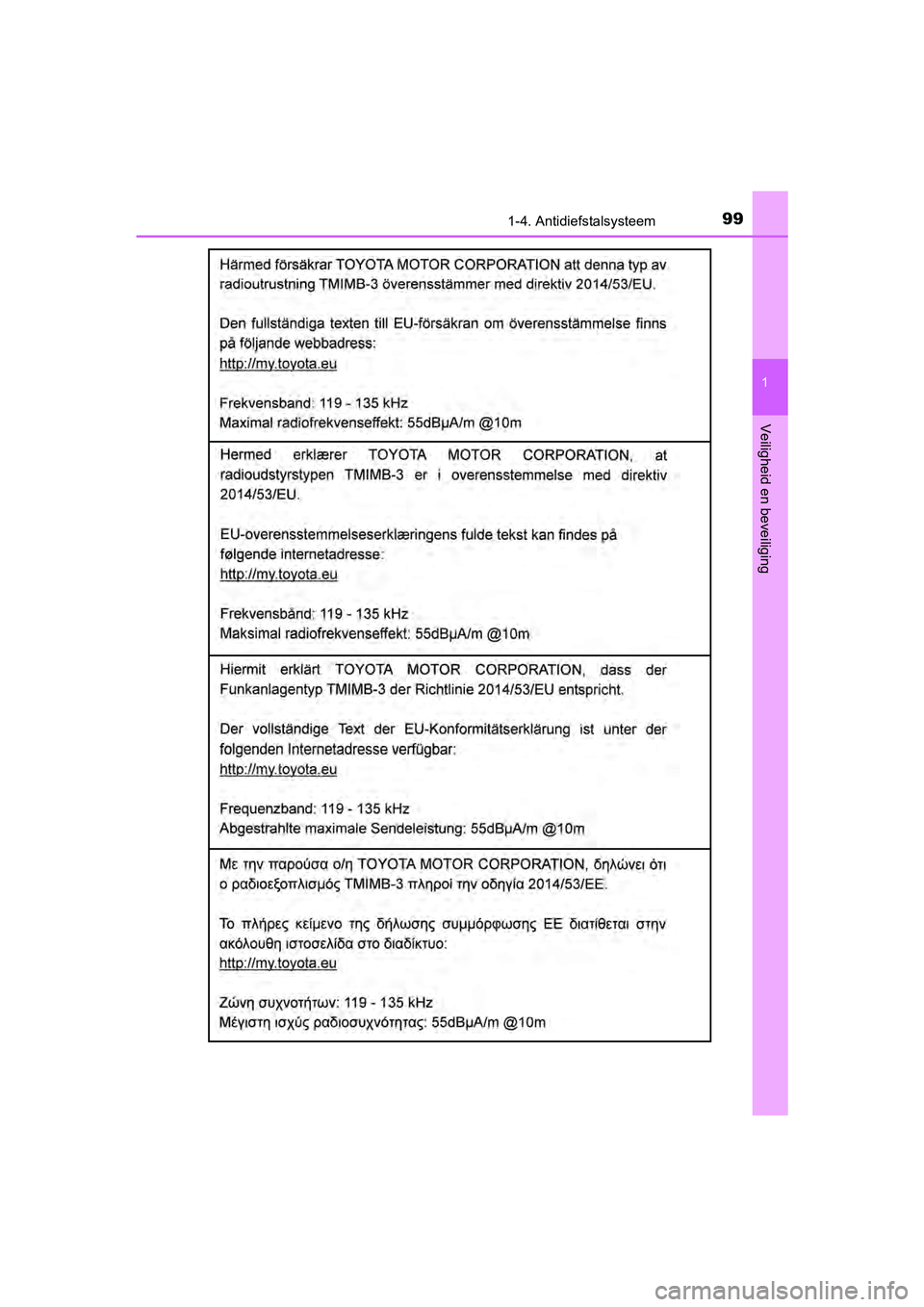 TOYOTA YARIS HATCHBACK 2018 Instructieboekje (in Dutch) 991-4. Antidiefstalsysteem
1
Veiligheid en beveiliging
YARIS_HV_OM_Europe_OM52C96E
YARIS_HV_OM_Europe_OM52C96E.book Page 99 Wednesday, February 14, 2018 2:57 PM TOYOTA YARIS HATCHBACK 2018 Instructieboekje (in Dutch) 991-4. Antidiefstalsysteem
1
Veiligheid en beveiliging
YARIS_HV_OM_Europe_OM52C96E
YARIS_HV_OM_Europe_OM52C96E.book Page 99 Wednesday, February 14, 2018 2:57 PM