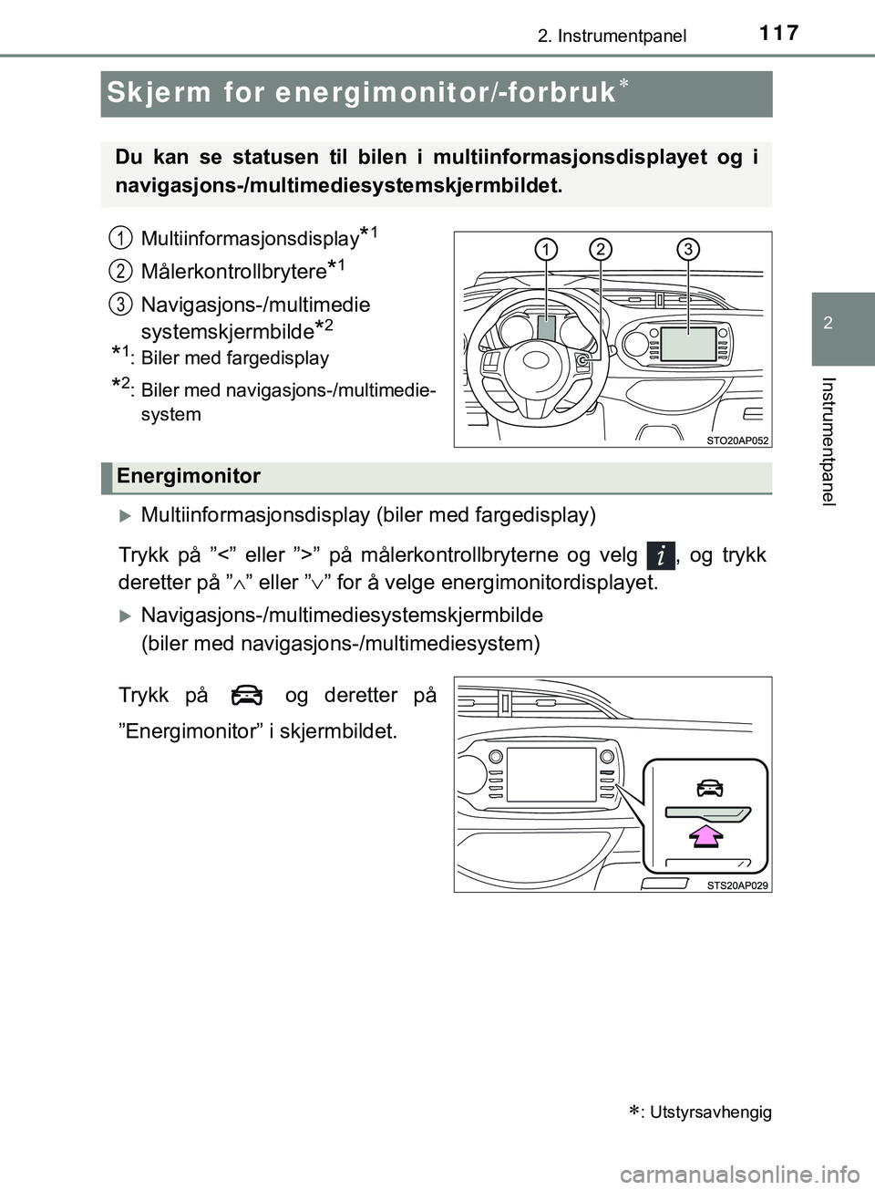 TOYOTA YARIS HATCHBACK 2018  Instruksjoner for bruk (in Norwegian) 117
2
2. Instrumentpanel
Instrumentpanel
YARIS_HV_OM_Europe_OM52C96NO
Skjerm for energimonitor/-forbruk
Multiinformasjonsdisplay*1
Målerkontrollbrytere*1
Navigasjons-/multimedie
systemskjermbilde
