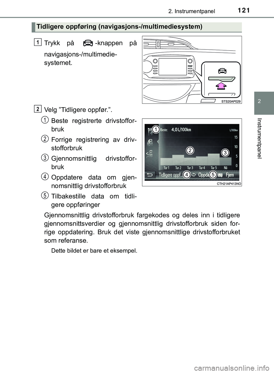 TOYOTA YARIS HATCHBACK 2018  Instruksjoner for bruk (in Norwegian) 1212. Instrumentpanel
2
Instrumentpanel
YARIS_HV_OM_Europe_OM52C96NO
Trykk på  -knappen på
navigasjons-/multimedie-
systemet.
Velg ”Tidligere oppfør.”.Beste registrerte drivstoffor-
bruk
Forrig