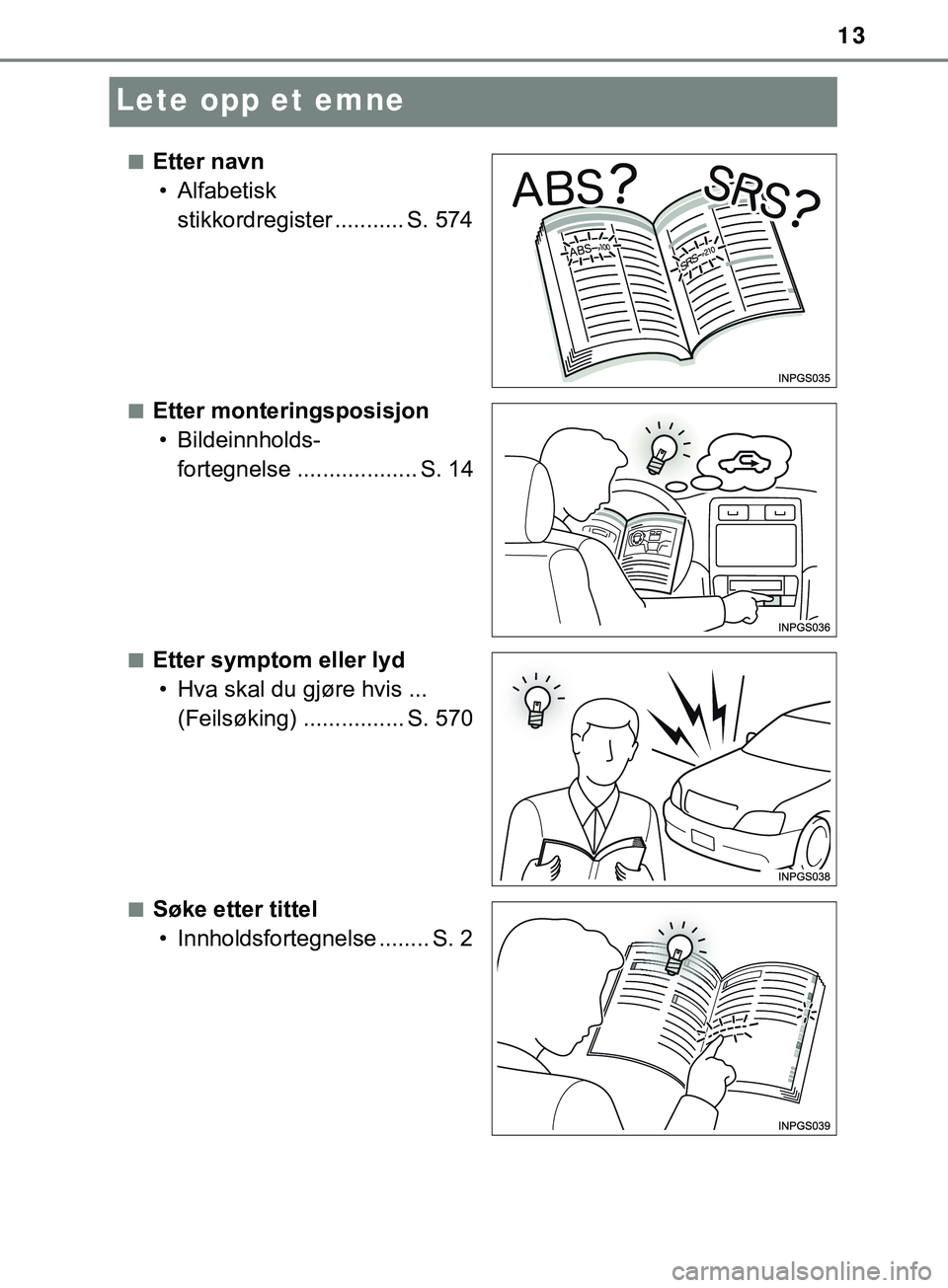 TOYOTA YARIS HATCHBACK 2018 Instruksjoner for bruk (in Norwegian) 13
YARIS_HV_OM_Europe_OM52C96NO
Lete opp et emne
nEtter navn• Alfabetisk stikkordregister ........... S. 574
nEtter monteringsposisjon• Bildeinnholds- fortegnelse ................... S. 14
nEtter TOYOTA YARIS HATCHBACK 2018 Instruksjoner for bruk (in Norwegian) 13
YARIS_HV_OM_Europe_OM52C96NO
Lete opp et emne
nEtter navn• Alfabetisk stikkordregister ........... S. 574
nEtter monteringsposisjon• Bildeinnholds- fortegnelse ................... S. 14
nEtter