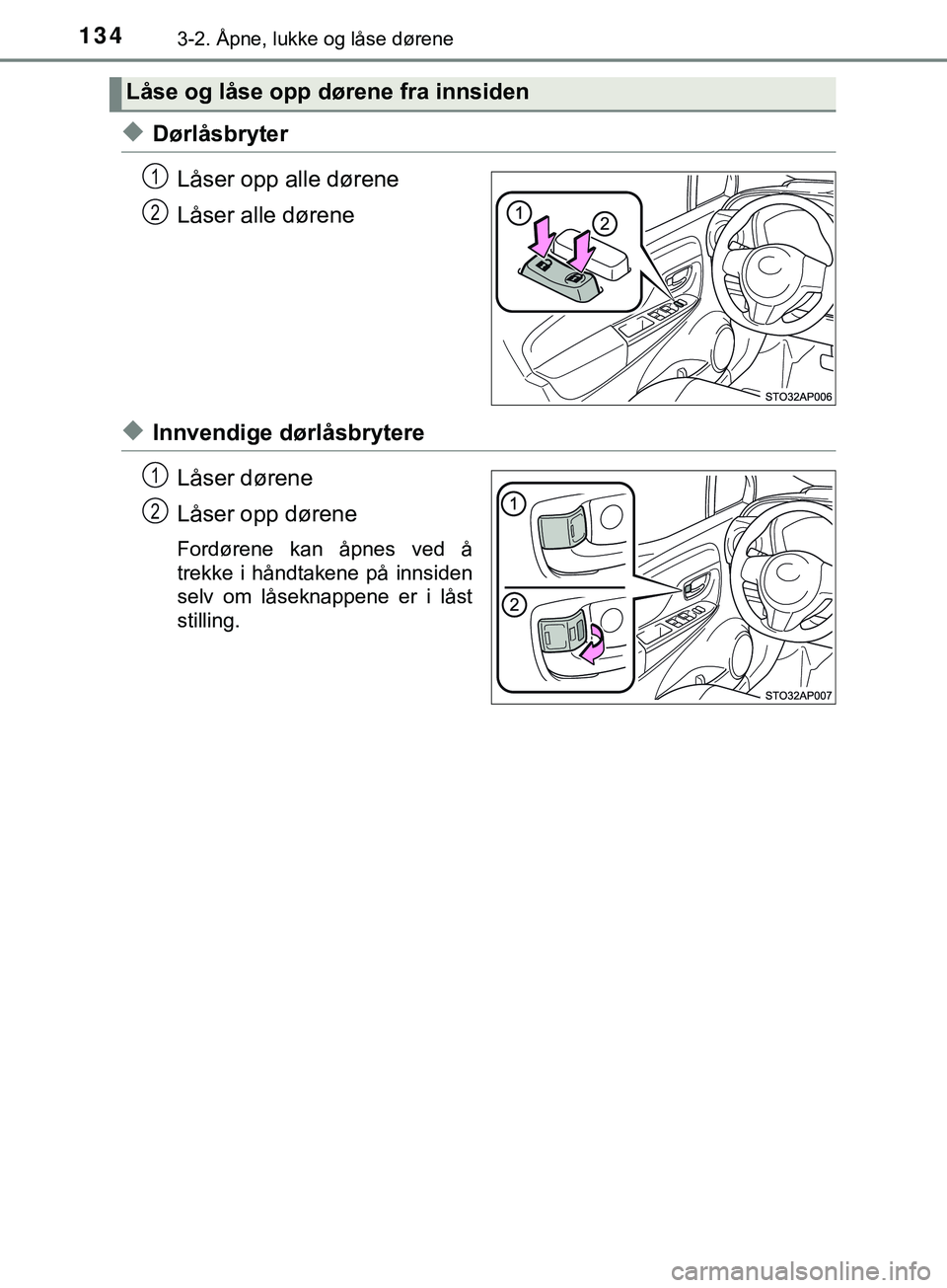 TOYOTA YARIS HATCHBACK 2018  Instruksjoner for bruk (in Norwegian) 1343-2. Åpne, lukke og låse dørene
YARIS_HV_OM_Europe_OM52C96NO
uDørlåsbryterLåser opp alle dørene
Låser alle dørene
uInnvendige dørlåsbrytereLåser dørene
Låser opp dørene
Fordørene ka