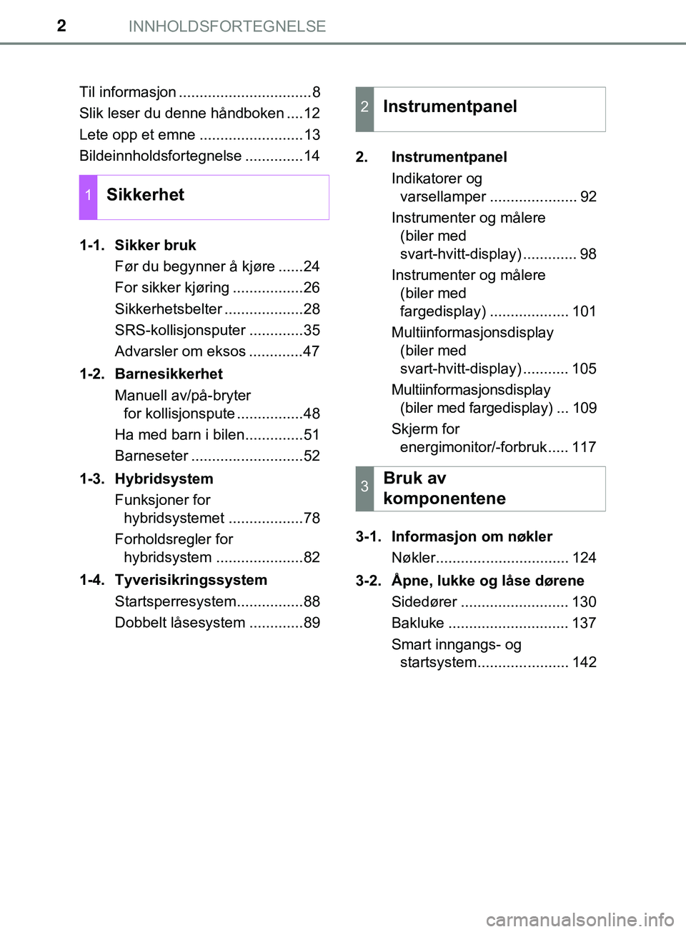 TOYOTA YARIS HATCHBACK 2018 Instruksjoner for bruk (in Norwegian) INNHOLDSFORTEGNELSE2
YARIS_HV_OM_Europe_OM52C96NOTil informasjon ................................8
Slik leser du denne håndboken ....12
Lete opp et emne .........................13
Bildeinnholdsforte TOYOTA YARIS HATCHBACK 2018 Instruksjoner for bruk (in Norwegian) INNHOLDSFORTEGNELSE2
YARIS_HV_OM_Europe_OM52C96NOTil informasjon ................................8
Slik leser du denne håndboken ....12
Lete opp et emne .........................13
Bildeinnholdsforte