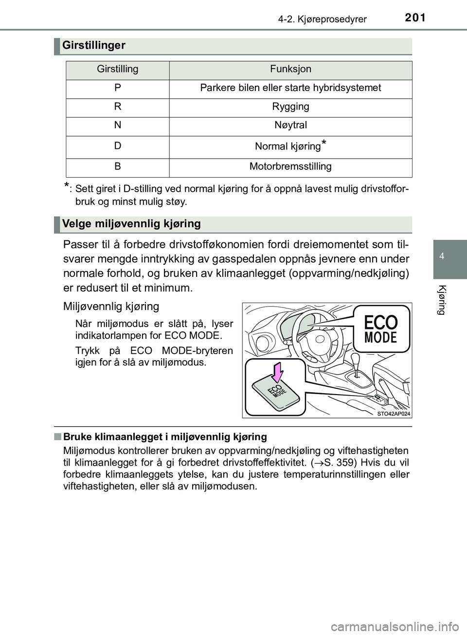 TOYOTA YARIS HATCHBACK 2018 Instruksjoner for bruk (in Norwegian) 2014-2. Kjøreprosedyrer
4
Kjøring
YARIS_HV_OM_Europe_OM52C96NO
*: Sett giret i D-stilling ved normal kjøring for å oppnå lavest mulig drivstoffor-bruk og minst mulig støy.
Passer til å forbedre TOYOTA YARIS HATCHBACK 2018 Instruksjoner for bruk (in Norwegian) 2014-2. Kjøreprosedyrer
4
Kjøring
YARIS_HV_OM_Europe_OM52C96NO
*: Sett giret i D-stilling ved normal kjøring for å oppnå lavest mulig drivstoffor-bruk og minst mulig støy.
Passer til å forbedre