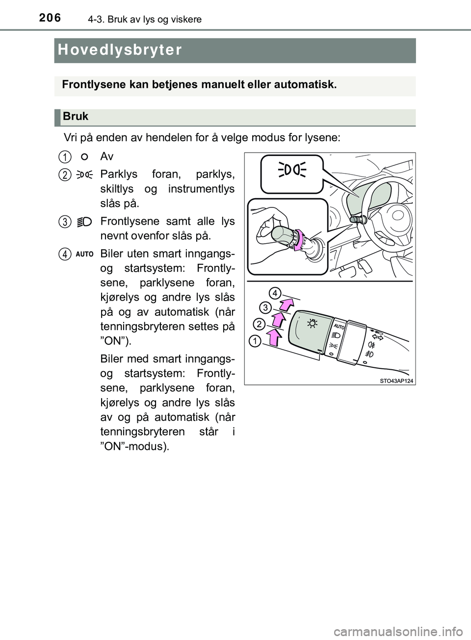 TOYOTA YARIS HATCHBACK 2018 Instruksjoner for bruk (in Norwegian) 2064-3. Bruk av lys og viskere
YARIS_HV_OM_Europe_OM52C96NO
Hovedlysbryter
Vri på enden av hendelen for å velge modus for lysene:Av
Parklys foran, parklys,
skiltlys og instrumentlys
slås på.
Front TOYOTA YARIS HATCHBACK 2018 Instruksjoner for bruk (in Norwegian) 2064-3. Bruk av lys og viskere
YARIS_HV_OM_Europe_OM52C96NO
Hovedlysbryter
Vri på enden av hendelen for å velge modus for lysene:Av
Parklys foran, parklys,
skiltlys og instrumentlys
slås på.
Front