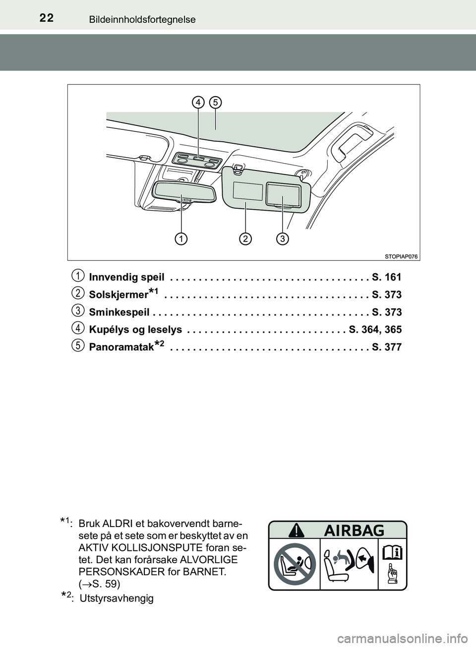 TOYOTA YARIS HATCHBACK 2018 Instruksjoner for bruk (in Norwegian) 22Bildeinnholdsfortegnelse
YARIS_HV_OM_Europe_OM52C96NOInnvendig speil . . . . . . . . . . . . . . . . . . . . . . . . . . . . . . . . . . . S. 161
Solskjermer
*1 . . . . . . . . . . . . . . . . . . TOYOTA YARIS HATCHBACK 2018 Instruksjoner for bruk (in Norwegian) 22Bildeinnholdsfortegnelse
YARIS_HV_OM_Europe_OM52C96NOInnvendig speil . . . . . . . . . . . . . . . . . . . . . . . . . . . . . . . . . . . S. 161
Solskjermer
*1 . . . . . . . . . . . . . . . . . .