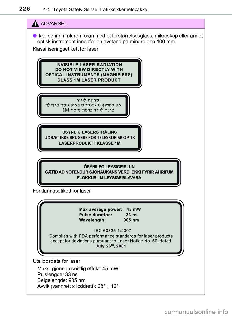 TOYOTA YARIS HATCHBACK 2018 Instruksjoner for bruk (in Norwegian) 2264-5. Toyota Safety Sense Trafikksikkerhetspakke
YARIS_HV_OM_Europe_OM52C96NO
ADVARSEL
l Ikke se inn i føleren foran med et forstørrelsesglass, mikroskop eller annet
optisk instrument innenfor en TOYOTA YARIS HATCHBACK 2018 Instruksjoner for bruk (in Norwegian) 2264-5. Toyota Safety Sense Trafikksikkerhetspakke
YARIS_HV_OM_Europe_OM52C96NO
ADVARSEL
l Ikke se inn i føleren foran med et forstørrelsesglass, mikroskop eller annet
optisk instrument innenfor en