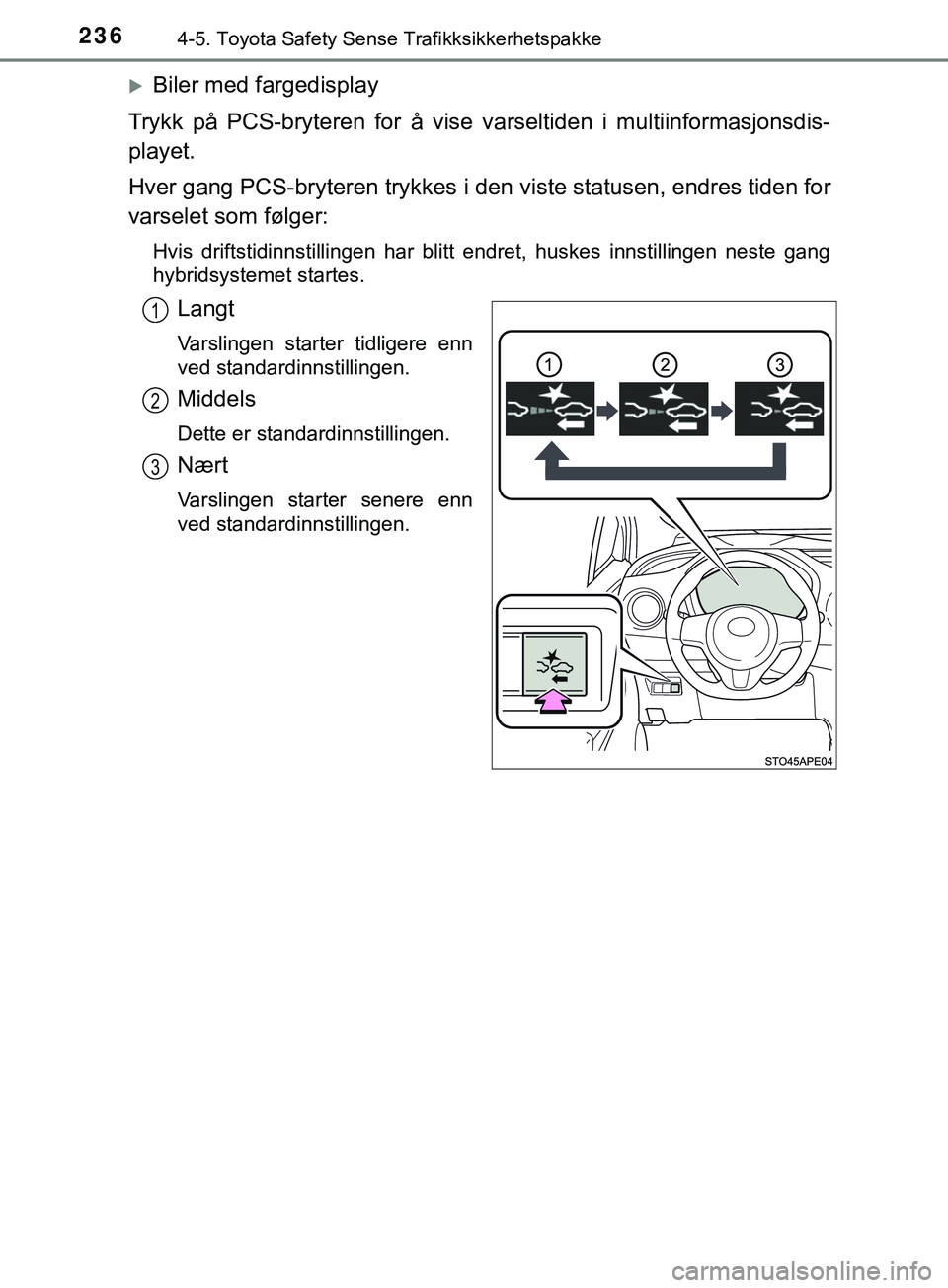 TOYOTA YARIS HATCHBACK 2018 Instruksjoner for bruk (in Norwegian) 2364-5. Toyota Safety Sense Trafikksikkerhetspakke
YARIS_HV_OM_Europe_OM52C96NO
Biler med fargedisplay
Trykk på PCS-bryteren for å vise va rseltiden i multiinformasjonsdis-
playet.
Hver gang PCS- TOYOTA YARIS HATCHBACK 2018 Instruksjoner for bruk (in Norwegian) 2364-5. Toyota Safety Sense Trafikksikkerhetspakke
YARIS_HV_OM_Europe_OM52C96NO
Biler med fargedisplay
Trykk på PCS-bryteren for å vise va rseltiden i multiinformasjonsdis-
playet.
Hver gang PCS-