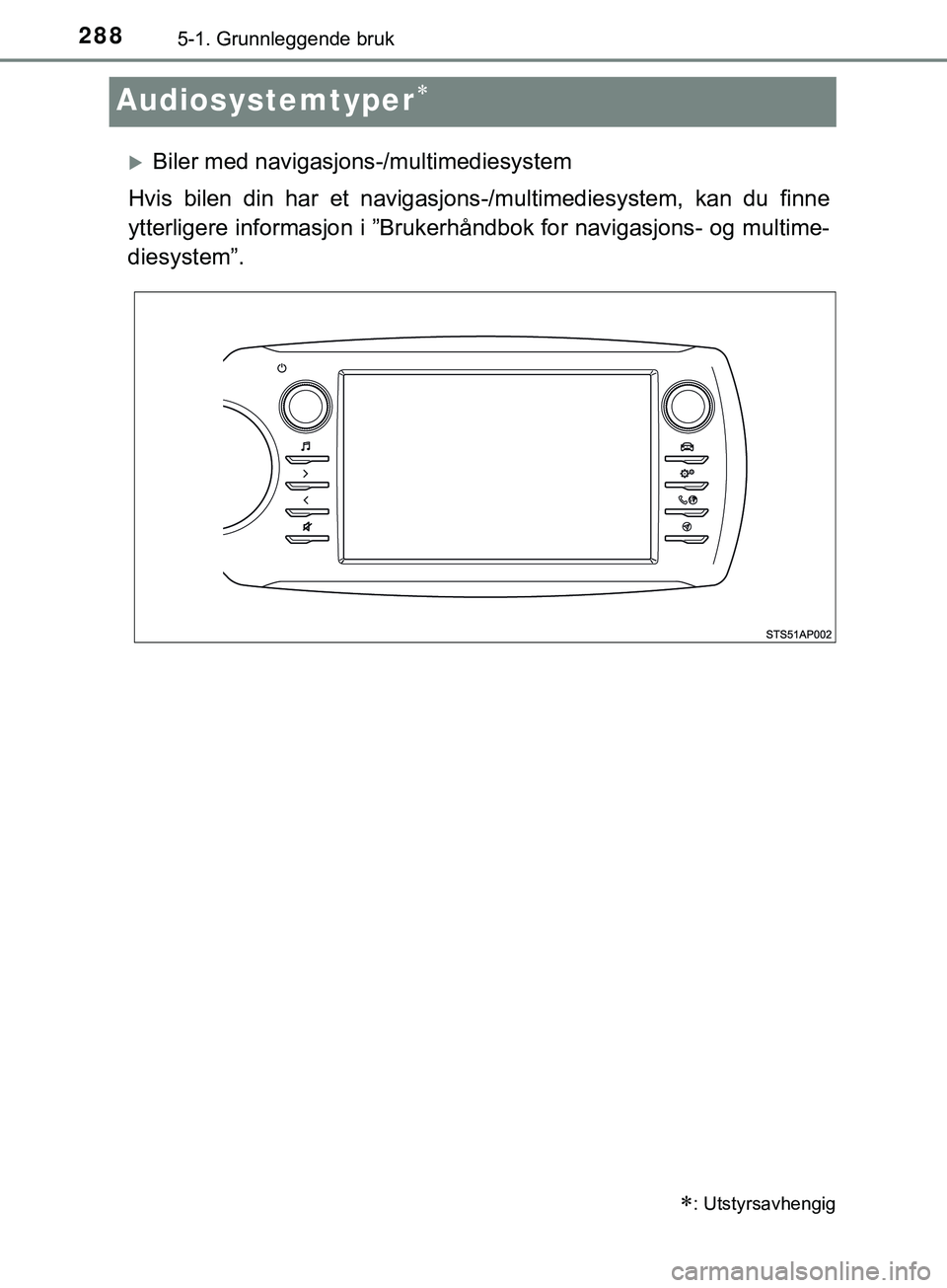 TOYOTA YARIS HATCHBACK 2018 Instruksjoner for bruk (in Norwegian) 2885-1. Grunnleggende bruk
YARIS_HV_OM_Europe_OM52C96NO
Audiosystemtyper
Biler med navigasjons-/multimediesystem
Hvis bilen din har et navigasjons -/multimediesystem, kan du finne
ytterligere in TOYOTA YARIS HATCHBACK 2018 Instruksjoner for bruk (in Norwegian) 2885-1. Grunnleggende bruk
YARIS_HV_OM_Europe_OM52C96NO
Audiosystemtyper
Biler med navigasjons-/multimediesystem
Hvis bilen din har et navigasjons -/multimediesystem, kan du finne
ytterligere in