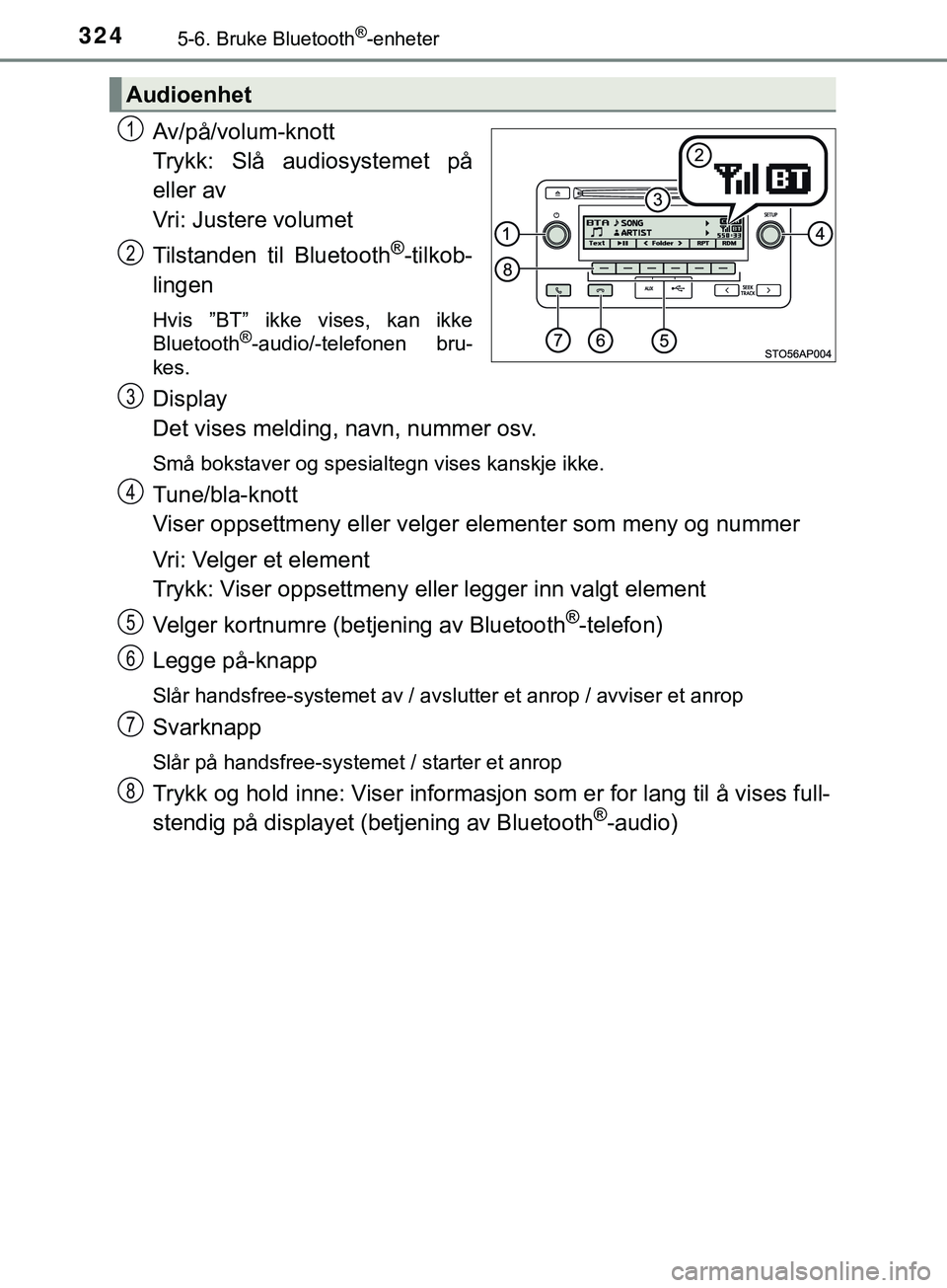 TOYOTA YARIS HATCHBACK 2018 Instruksjoner for bruk (in Norwegian) 3245-6. Bruke Bluetooth®-enheter
YARIS_HV_OM_Europe_OM52C96NO
Av/på/volum-knott
Trykk: Slå audiosystemet på
eller av
Vri: Justere volumet
Tilstanden til Bluetooth
®-tilkob-
lingen
Hvis ”BT” i TOYOTA YARIS HATCHBACK 2018 Instruksjoner for bruk (in Norwegian) 3245-6. Bruke Bluetooth®-enheter
YARIS_HV_OM_Europe_OM52C96NO
Av/på/volum-knott
Trykk: Slå audiosystemet på
eller av
Vri: Justere volumet
Tilstanden til Bluetooth
®-tilkob-
lingen
Hvis ”BT” i
