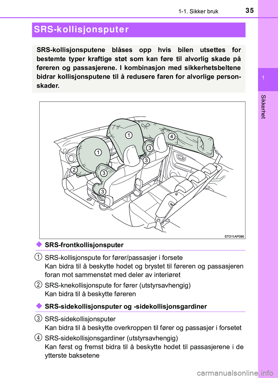TOYOTA YARIS HATCHBACK 2018 Instruksjoner for bruk (in Norwegian) 351-1. Sikker bruk
1
Sikkerhet
YARIS_HV_OM_Europe_OM52C96NO
SRS-kollisjonsputer
uSRS-frontkollisjonsputer
SRS-kollisjonspute for fører/passasjer i forsete
Kan bidra til å beskytte hodet og brystet t TOYOTA YARIS HATCHBACK 2018 Instruksjoner for bruk (in Norwegian) 351-1. Sikker bruk
1
Sikkerhet
YARIS_HV_OM_Europe_OM52C96NO
SRS-kollisjonsputer
uSRS-frontkollisjonsputer
SRS-kollisjonspute for fører/passasjer i forsete
Kan bidra til å beskytte hodet og brystet t