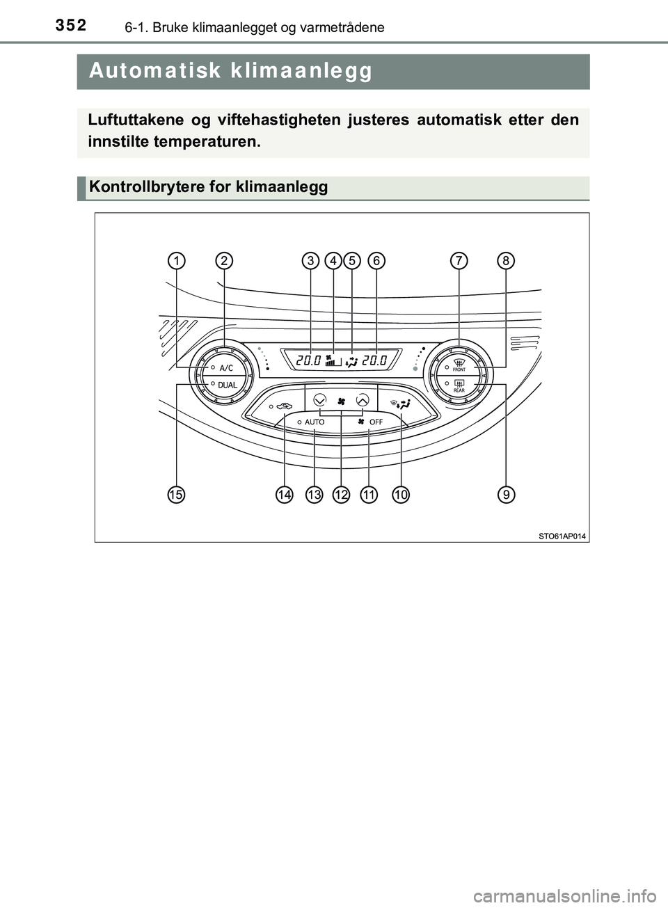 TOYOTA YARIS HATCHBACK 2018  Instruksjoner for bruk (in Norwegian) 3526-1. Bruke klimaanlegget og varmetrådene
YARIS_HV_OM_Europe_OM52C96NO
 Automatisk klimaanlegg
Luftuttakene og viftehastigheten  justeres automatisk etter den
innstilte temperaturen.
Kontrollbryter