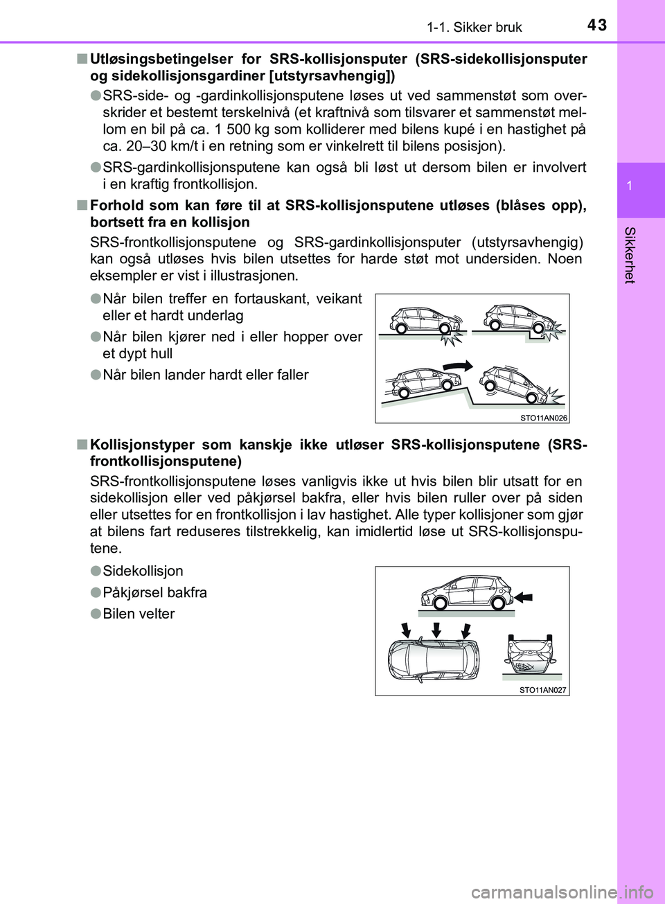 TOYOTA YARIS HATCHBACK 2018  Instruksjoner for bruk (in Norwegian) 431-1. Sikker bruk
1
Sikkerhet
YARIS_HV_OM_Europe_OM52C96NOn
Utløsingsbetingelser for SRS-kollisjonsputer (SRS-sidekollisjonsputer
og sidekollisjonsgardiner [utstyrsavhengig])
lSRS-side- og -gardinko