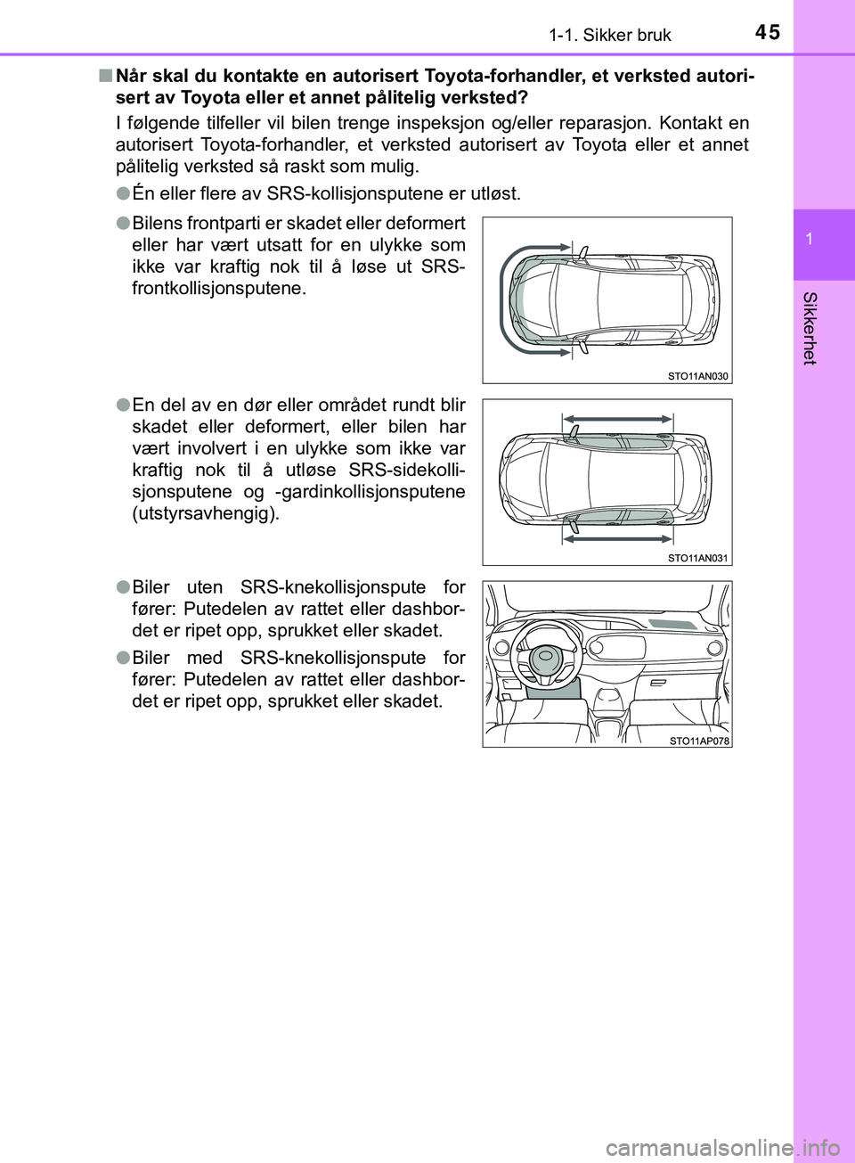 TOYOTA YARIS HATCHBACK 2018 Instruksjoner for bruk (in Norwegian) 451-1. Sikker bruk
1
Sikkerhet
YARIS_HV_OM_Europe_OM52C96NOn
Når skal du kontakte en autorisert Toyota-forhandler, et verksted autori-
sert av Toyota eller et annet pålitelig verksted?
I følgende t TOYOTA YARIS HATCHBACK 2018 Instruksjoner for bruk (in Norwegian) 451-1. Sikker bruk
1
Sikkerhet
YARIS_HV_OM_Europe_OM52C96NOn
Når skal du kontakte en autorisert Toyota-forhandler, et verksted autori-
sert av Toyota eller et annet pålitelig verksted?
I følgende t