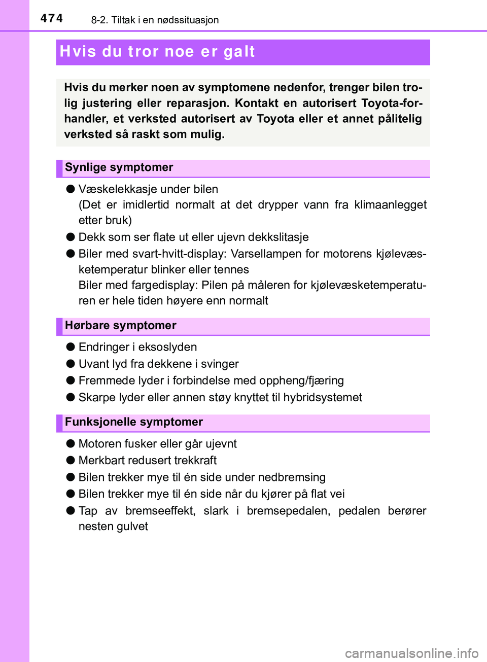 TOYOTA YARIS HATCHBACK 2018 Instruksjoner for bruk (in Norwegian) 4748-2. Tiltak i en nødssituasjon
YARIS_HV_OM_Europe_OM52C96NO
Hvis du tror noe er galt
lVæskelekkasje under bilen
(Det er imidlertid normalt at det drypper vann fra klimaanlegget
etter bruk)
l Dek TOYOTA YARIS HATCHBACK 2018 Instruksjoner for bruk (in Norwegian) 4748-2. Tiltak i en nødssituasjon
YARIS_HV_OM_Europe_OM52C96NO
Hvis du tror noe er galt
lVæskelekkasje under bilen
(Det er imidlertid normalt at det drypper vann fra klimaanlegget
etter bruk)
l Dek