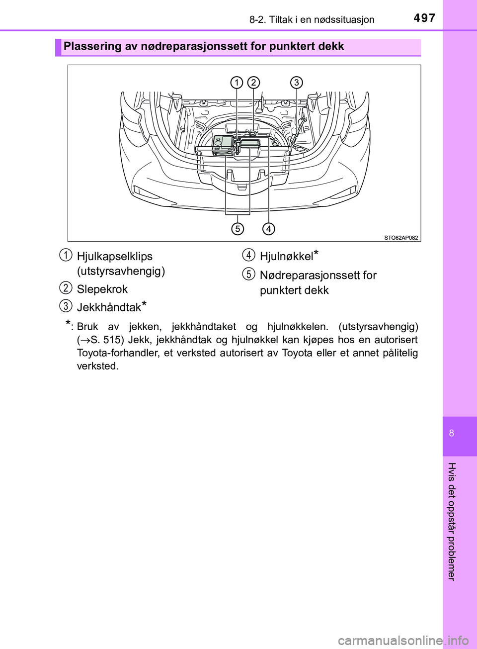 TOYOTA YARIS HATCHBACK 2018 Instruksjoner for bruk (in Norwegian) 4978-2. Tiltak i en nødssituasjon
8
Hvis det oppstår problemer
YARIS_HV_OM_Europe_OM52C96NO
*: Bruk av jekken, jekkhåndtaket og hjulnøkkelen. (utstyrsavhengig)(S. 515) Jekk, jekkhåndtak og hju TOYOTA YARIS HATCHBACK 2018 Instruksjoner for bruk (in Norwegian) 4978-2. Tiltak i en nødssituasjon
8
Hvis det oppstår problemer
YARIS_HV_OM_Europe_OM52C96NO
*: Bruk av jekken, jekkhåndtaket og hjulnøkkelen. (utstyrsavhengig)(S. 515) Jekk, jekkhåndtak og hju