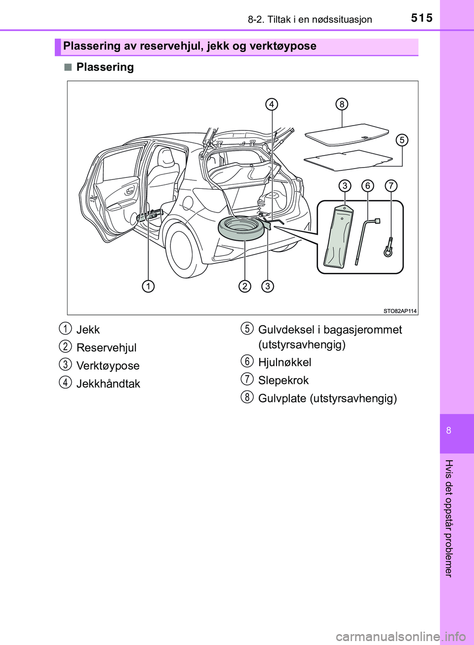 TOYOTA YARIS HATCHBACK 2018  Instruksjoner for bruk (in Norwegian) 5158-2. Tiltak i en nødssituasjon
8
Hvis det oppstår problemer
YARIS_HV_OM_Europe_OM52C96NOn
Plassering
Plassering av reservehjul, jekk og verktøypose
Jekk
Reservehjul
Verktøypose
Jekkhåndtak
Gul