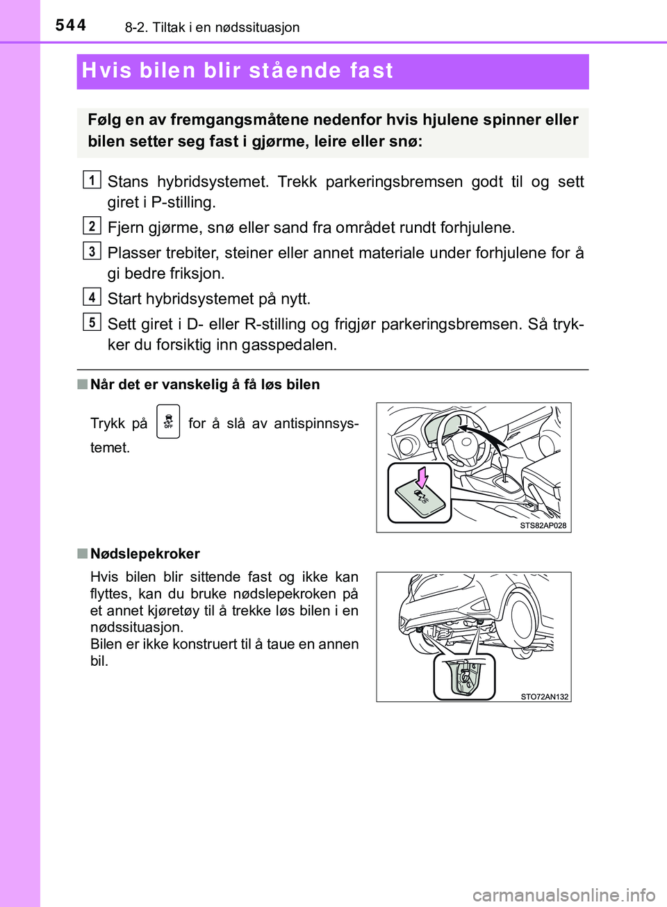 TOYOTA YARIS HATCHBACK 2018 Instruksjoner for bruk (in Norwegian) 5448-2. Tiltak i en nødssituasjon
YARIS_HV_OM_Europe_OM52C96NO
Hvis bilen blir stående fast
Stans hybridsystemet. Trekk parkeringsbremsen godt til og sett
giret i P-stilling.
Fjern gjørme, snø ell TOYOTA YARIS HATCHBACK 2018 Instruksjoner for bruk (in Norwegian) 5448-2. Tiltak i en nødssituasjon
YARIS_HV_OM_Europe_OM52C96NO
Hvis bilen blir stående fast
Stans hybridsystemet. Trekk parkeringsbremsen godt til og sett
giret i P-stilling.
Fjern gjørme, snø ell