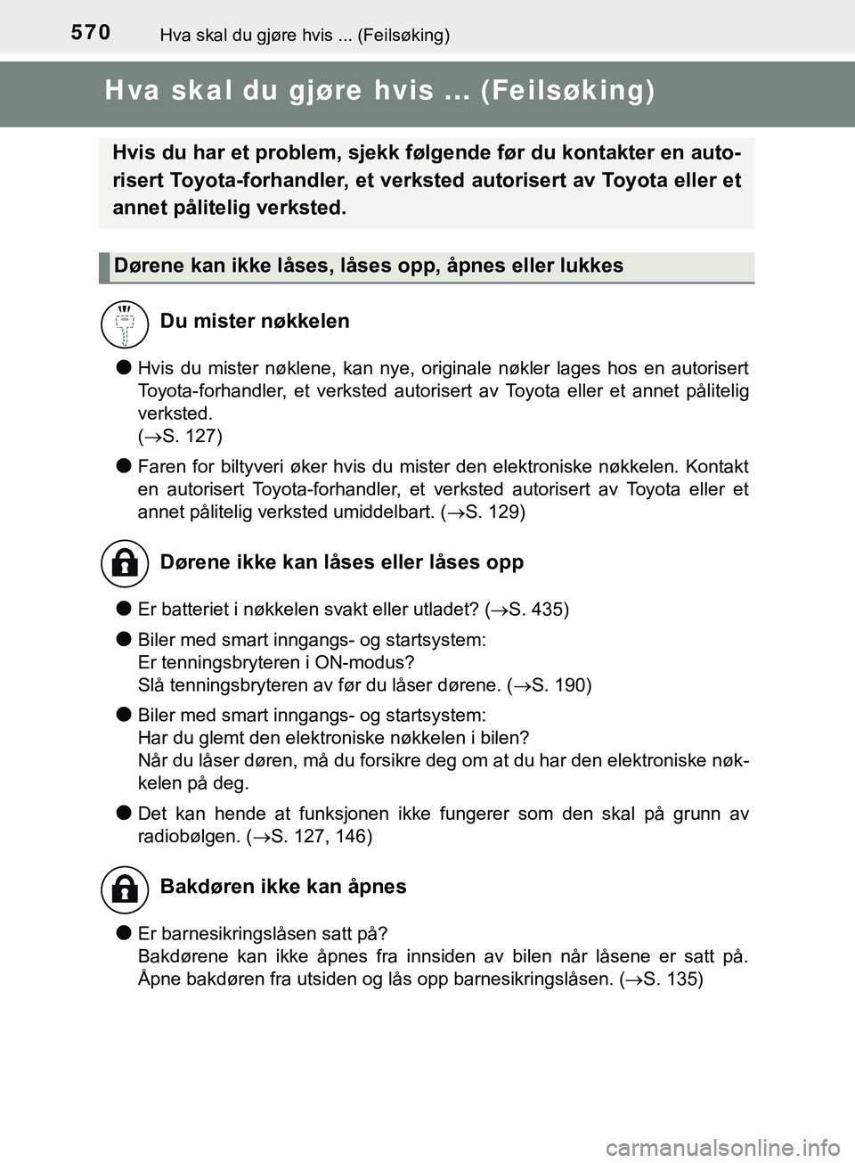 TOYOTA YARIS HATCHBACK 2018 Instruksjoner for bruk (in Norwegian) 570Hva skal du gjøre hvis ... (Feilsøking)
YARIS_HV_OM_Europe_OM52C96NO
Hva skal du gjøre hvis ... (Feilsøking)
lHvis du mister nøklene, kan nye, originale nøkler lages hos en autorisert
Toyota- TOYOTA YARIS HATCHBACK 2018 Instruksjoner for bruk (in Norwegian) 570Hva skal du gjøre hvis ... (Feilsøking)
YARIS_HV_OM_Europe_OM52C96NO
Hva skal du gjøre hvis ... (Feilsøking)
lHvis du mister nøklene, kan nye, originale nøkler lages hos en autorisert
Toyota-