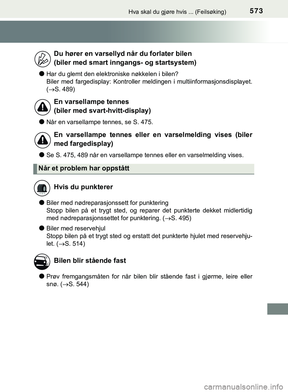 TOYOTA YARIS HATCHBACK 2018 Instruksjoner for bruk (in Norwegian) 573Hva skal du gjøre hvis ... (Feilsøking)
YARIS_HV_OM_Europe_OM52C96NO
lHar du glemt den elektroniske nøkkelen i bilen?
Biler med fargedisplay: Kontroller meldingen i multiinformasjonsdisplayet.
( TOYOTA YARIS HATCHBACK 2018 Instruksjoner for bruk (in Norwegian) 573Hva skal du gjøre hvis ... (Feilsøking)
YARIS_HV_OM_Europe_OM52C96NO
lHar du glemt den elektroniske nøkkelen i bilen?
Biler med fargedisplay: Kontroller meldingen i multiinformasjonsdisplayet.
(