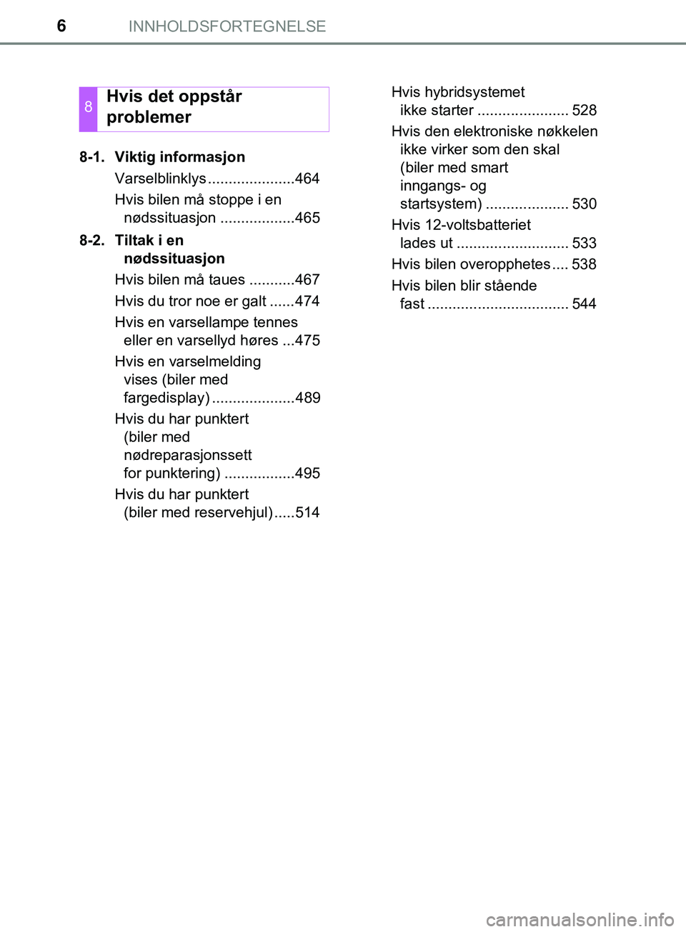 TOYOTA YARIS HATCHBACK 2018  Instruksjoner for bruk (in Norwegian) INNHOLDSFORTEGNELSE6
YARIS_HV_OM_Europe_OM52C96NO8-1. Viktig informasjon
Varselblinklys .....................464
Hvis bilen må stoppe i en nødssituasjon ..................465
8-2. Tiltak i en  nøds